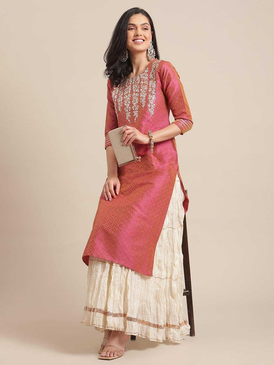 Coral Gota Patti Kurta With Gota Embellishmant On Sleeves - Indiakreations