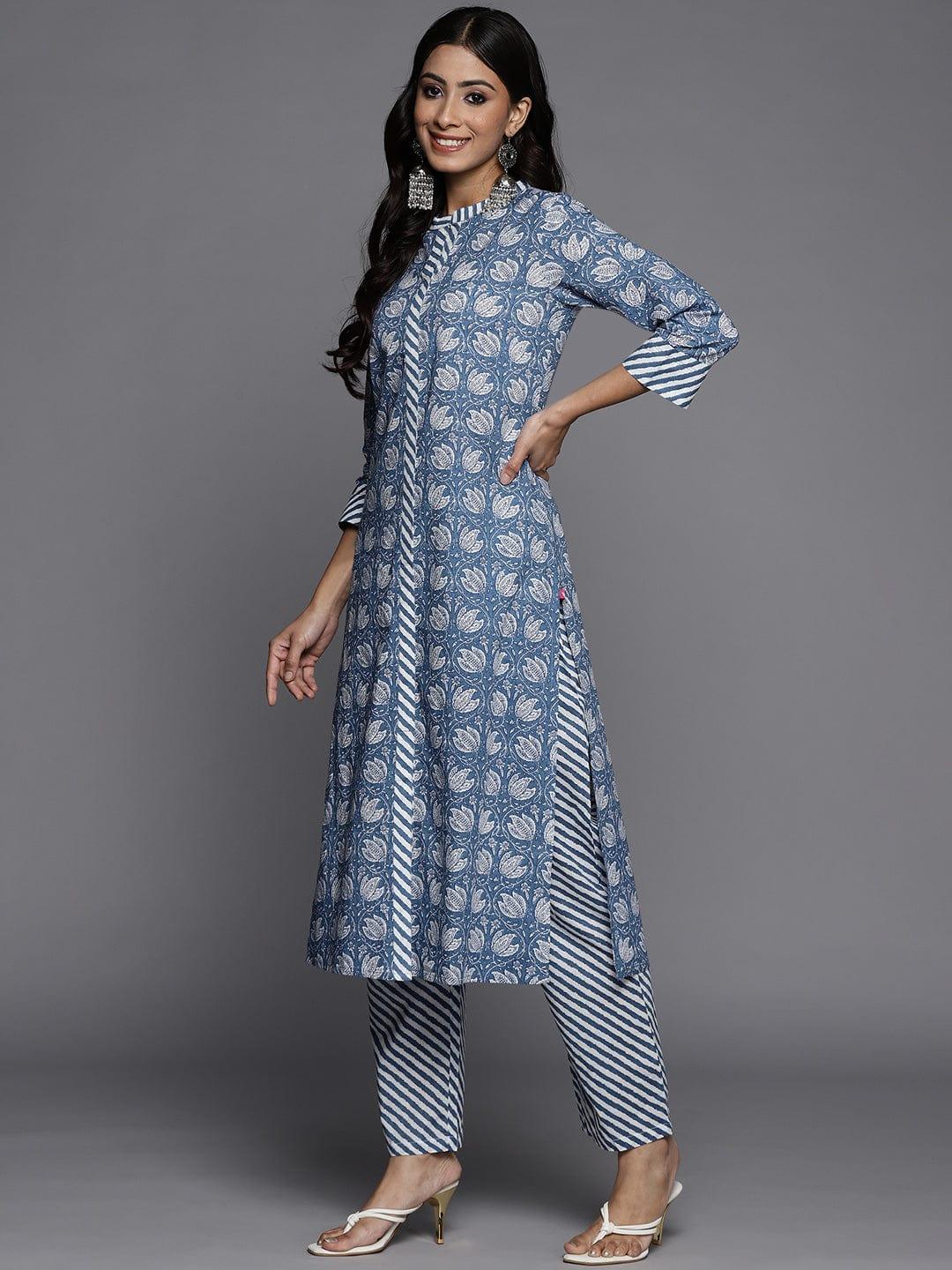 Varanga Women Blue Ethnic Motifs Printed Pure Cotton Kurta with Trousers - Indiakreations