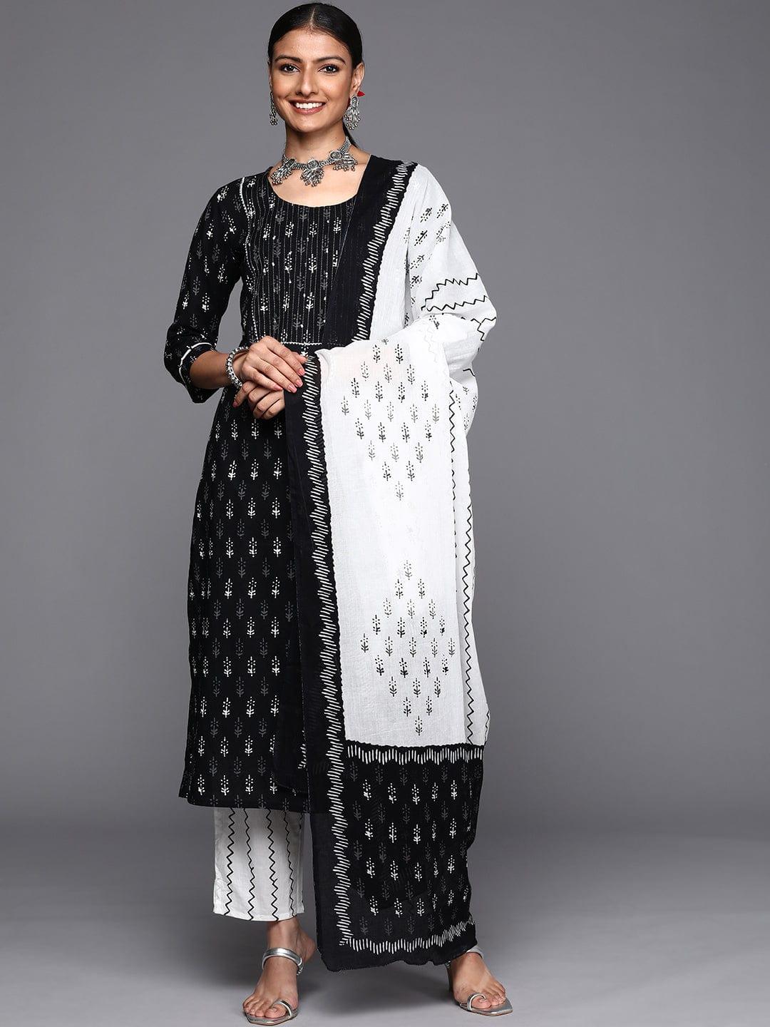 Varanga Women Black Ethnic Motifs Printed Pure Cotton Kurta with Trousers & Dupatta - Indiakreations