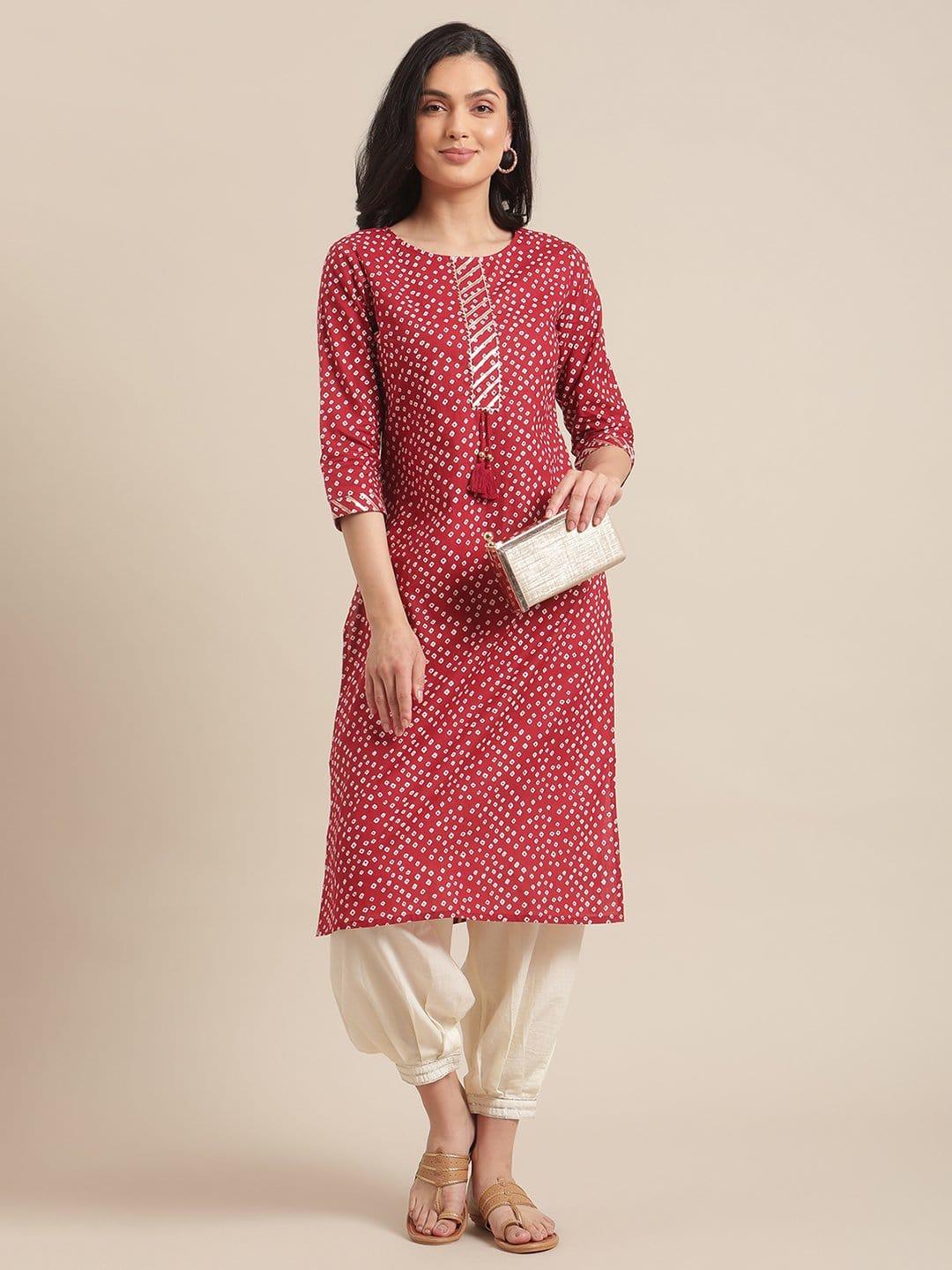 Red Bandhej Kurta With Gota Embellished Placket And 3/4Th Sleeves - Indiakreations