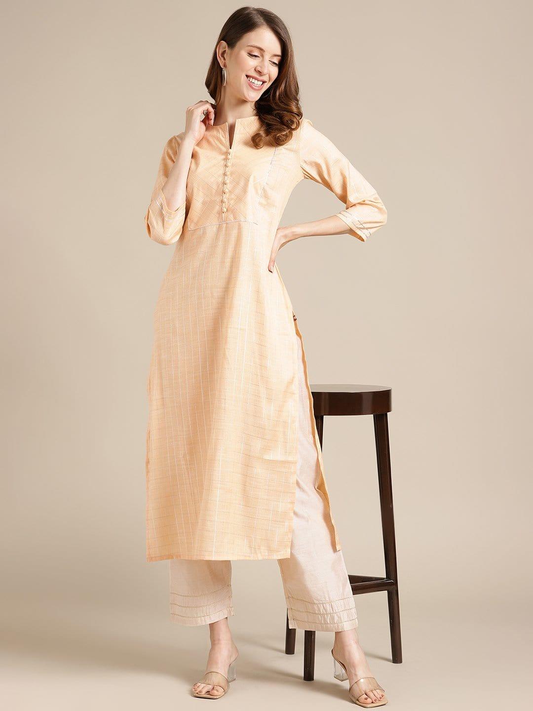 KSUT Peach And Silver Gota Work Straight Kurta With 3/4Th Sleeves - Indiakreations