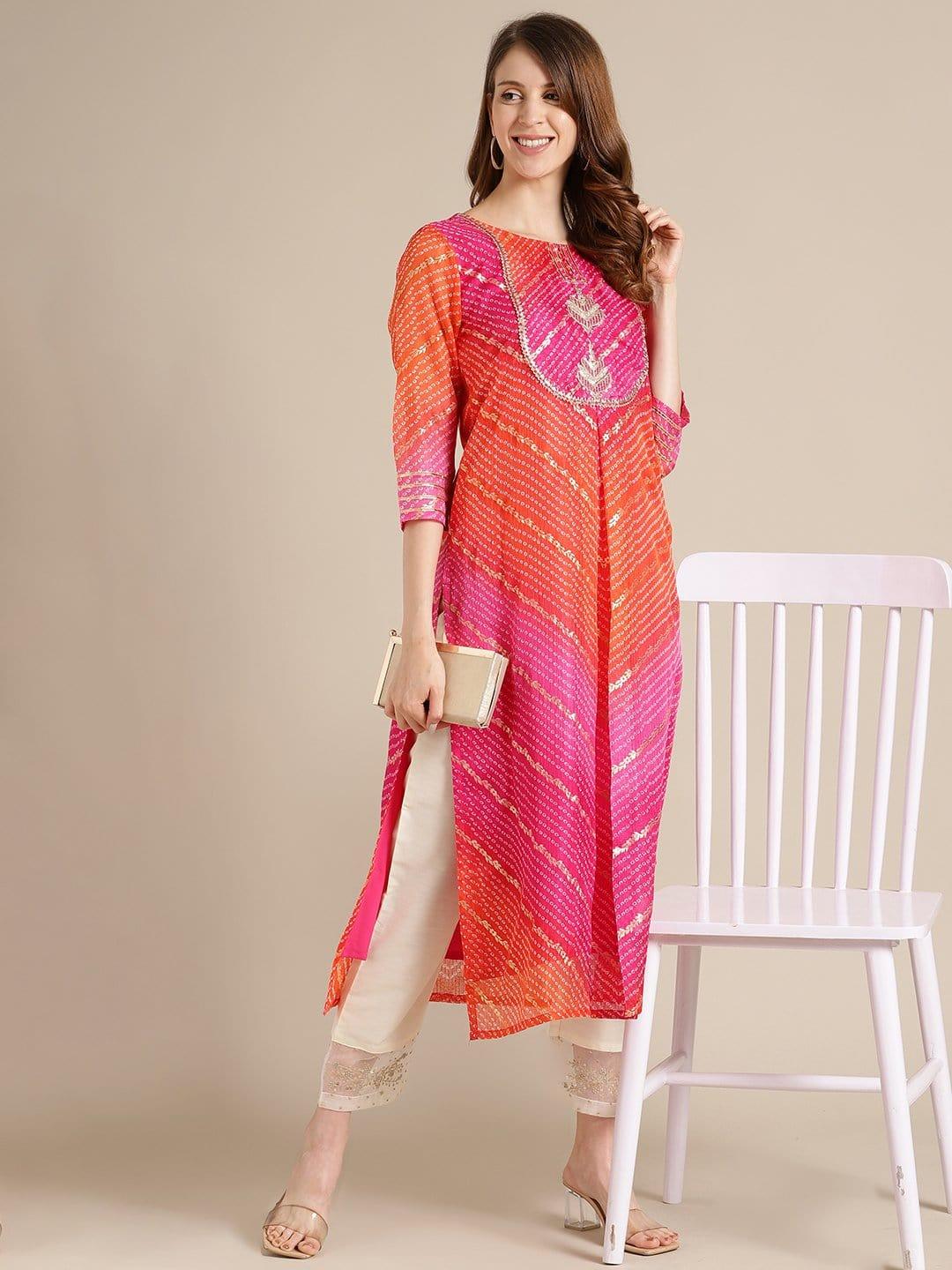 Pink And Orange bandhej foil printed kurta with off white silk and organza embroidered trouser - Indiakreations