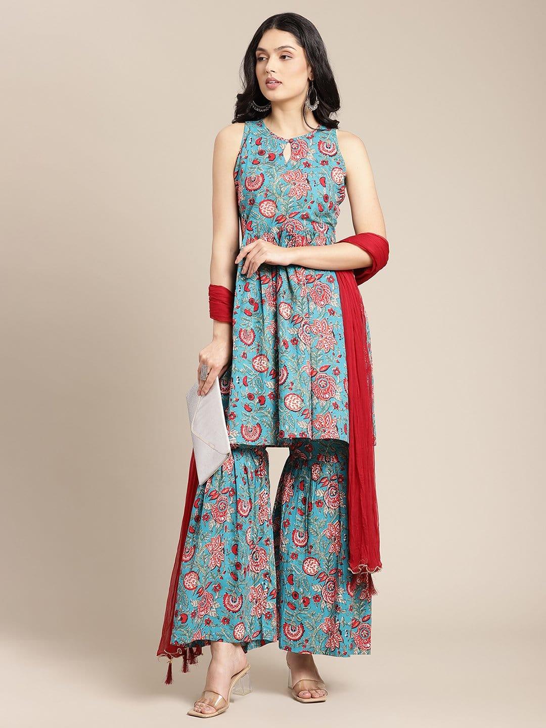 Blue And Red Floral Printed Flared Sleeveless Kurta Paired With Sharara And D Dupatta - Indiakreations