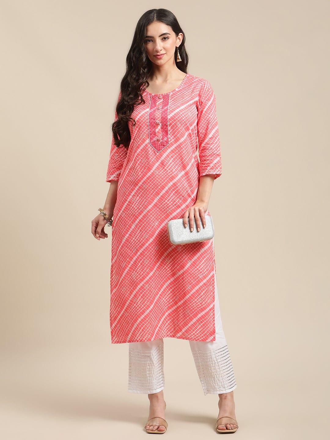 Peach And White Leheriya Striped Kurta With Gota And Thread Embroidery On Yoke - Indiakreations