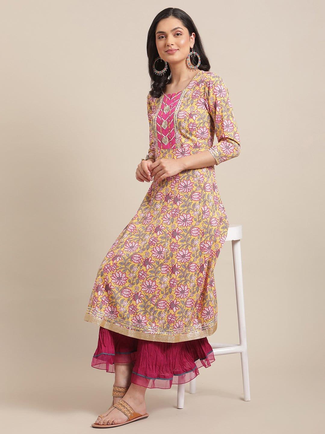 Yellow And Pink Floral Printed Flared Anarkali Kurta With Round Neck And Regular Sleeve - Indiakreations