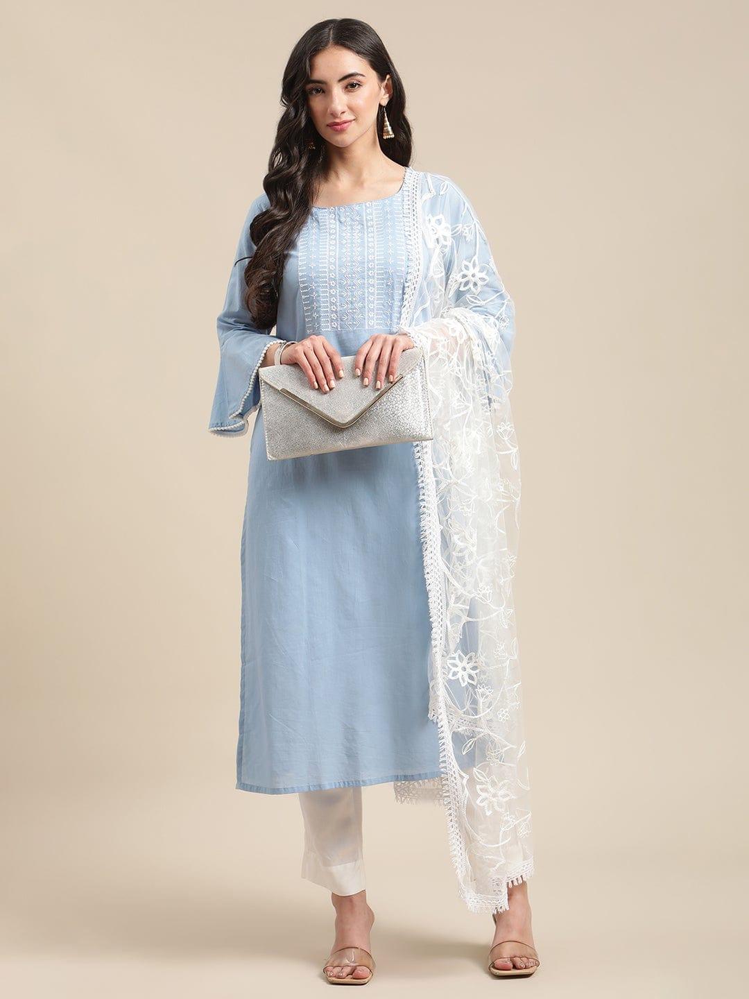 Blue Yoke Embroidered Kurta Set With Aari Embroidered Dupatta - Indiakreations