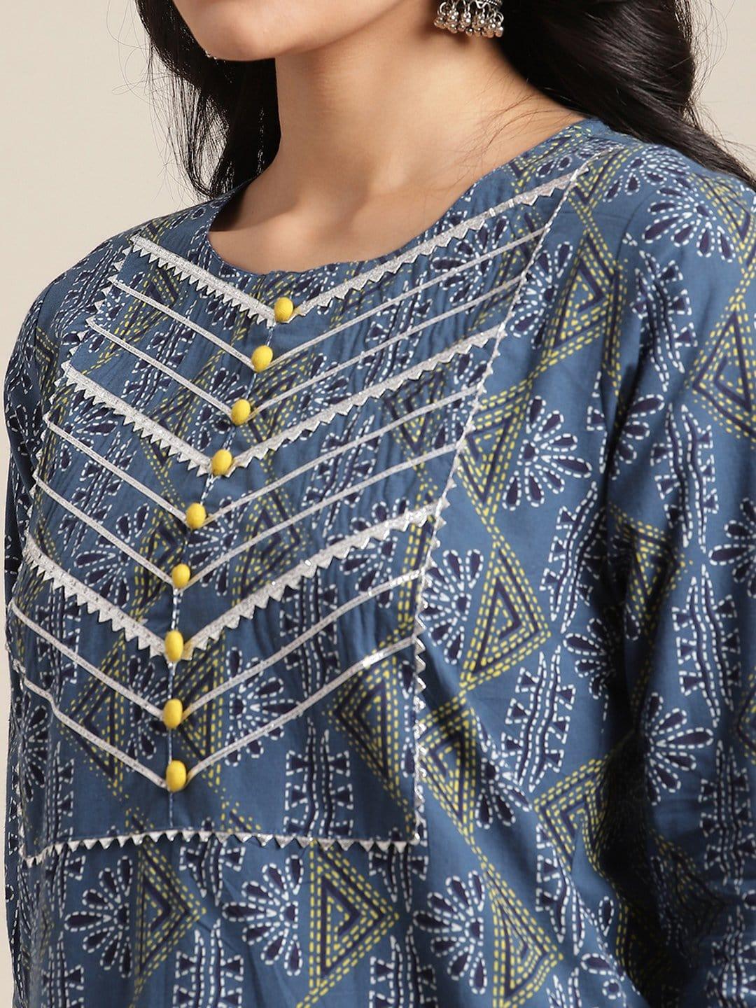 Navy Blue Printed Gota Embellished Kurta With Mustard Crushed Organza Embellished Palazzo - Indiakreations