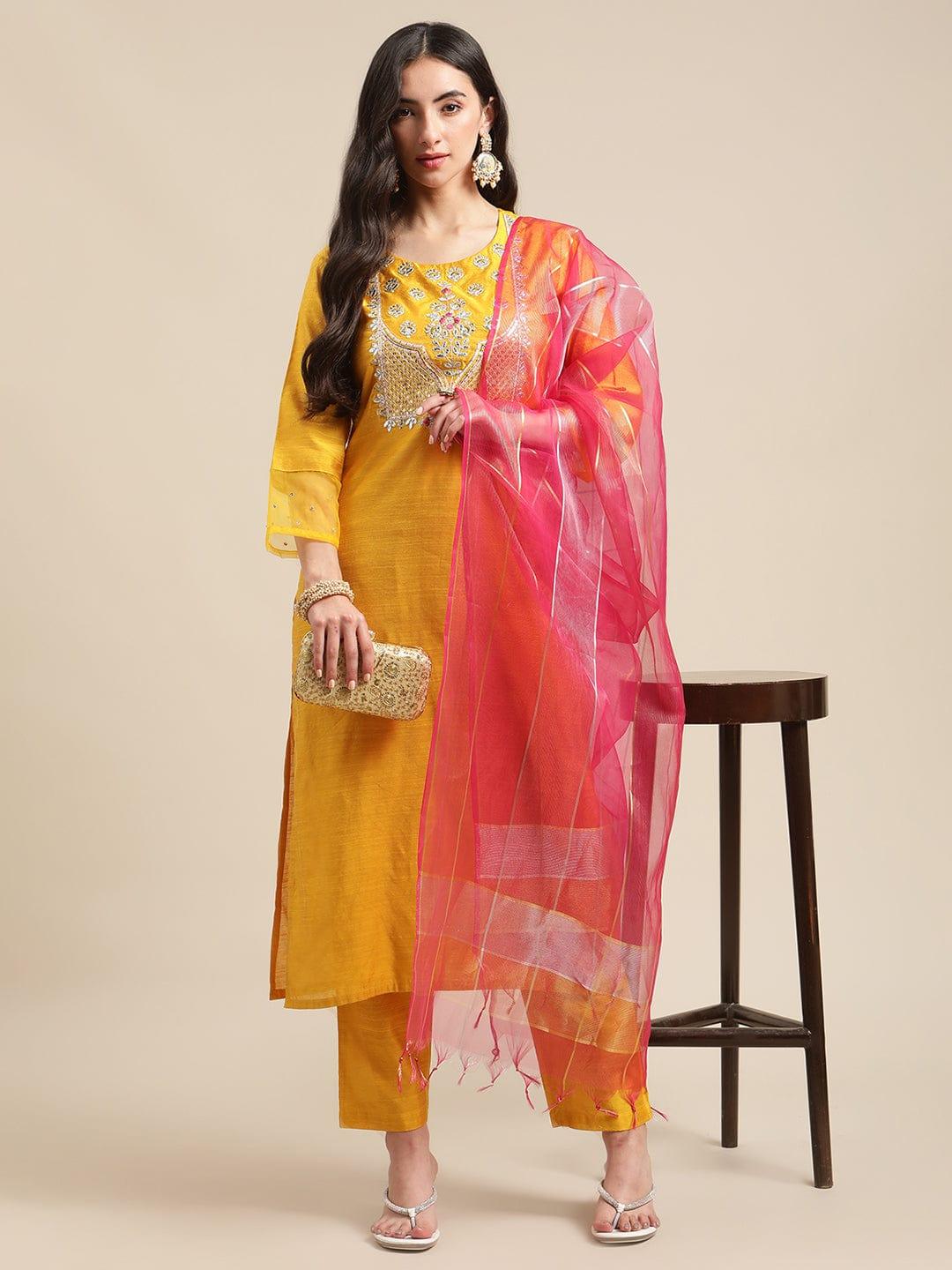 Mustard Heavy Yoke Embroidery Kurta Set With Pink Sheer Dupatta - Indiakreations