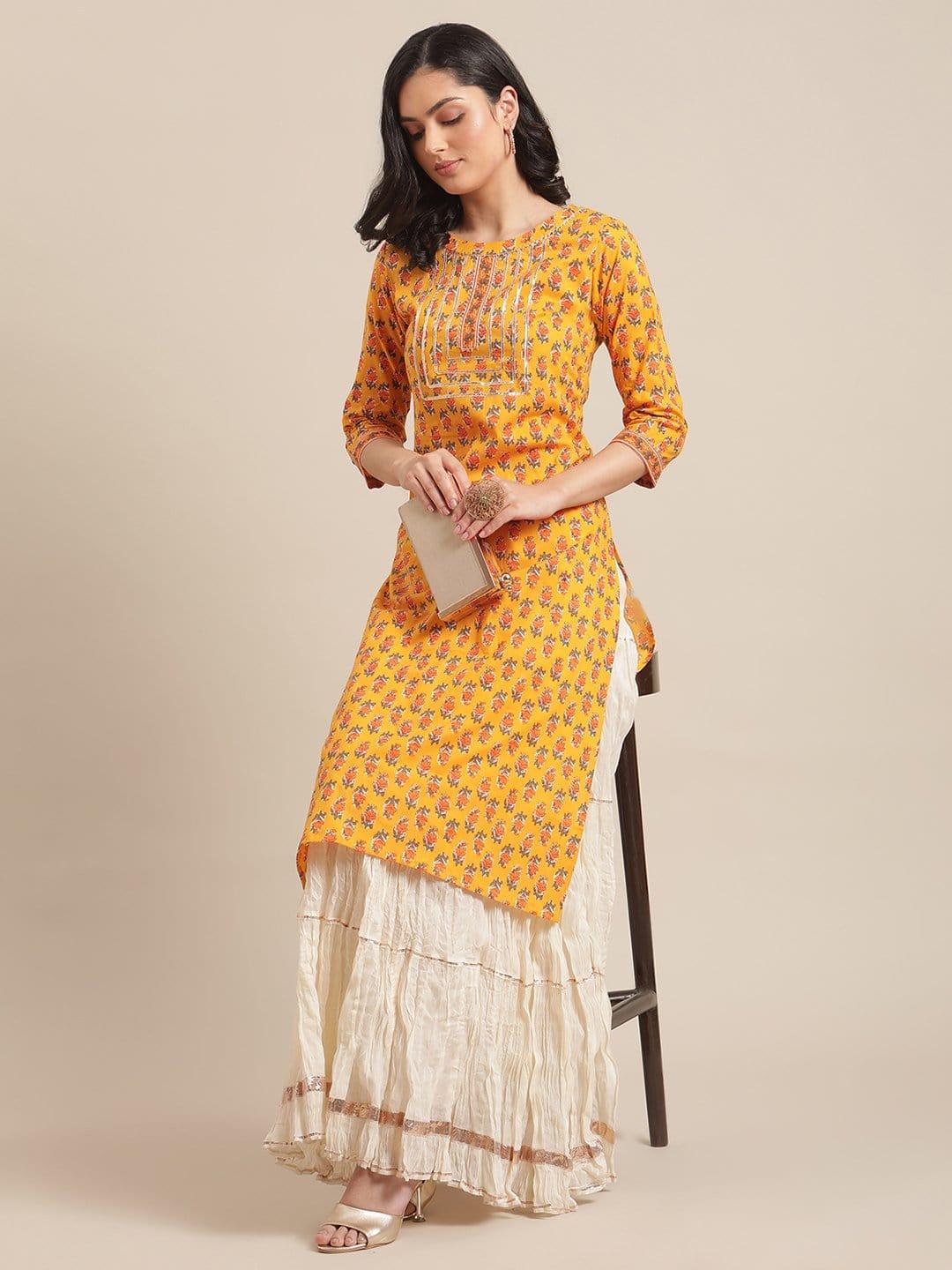 Mustard Floral Printed Kurta With Gota Work On Yoke And 3/4Th Sleeves - Indiakreations