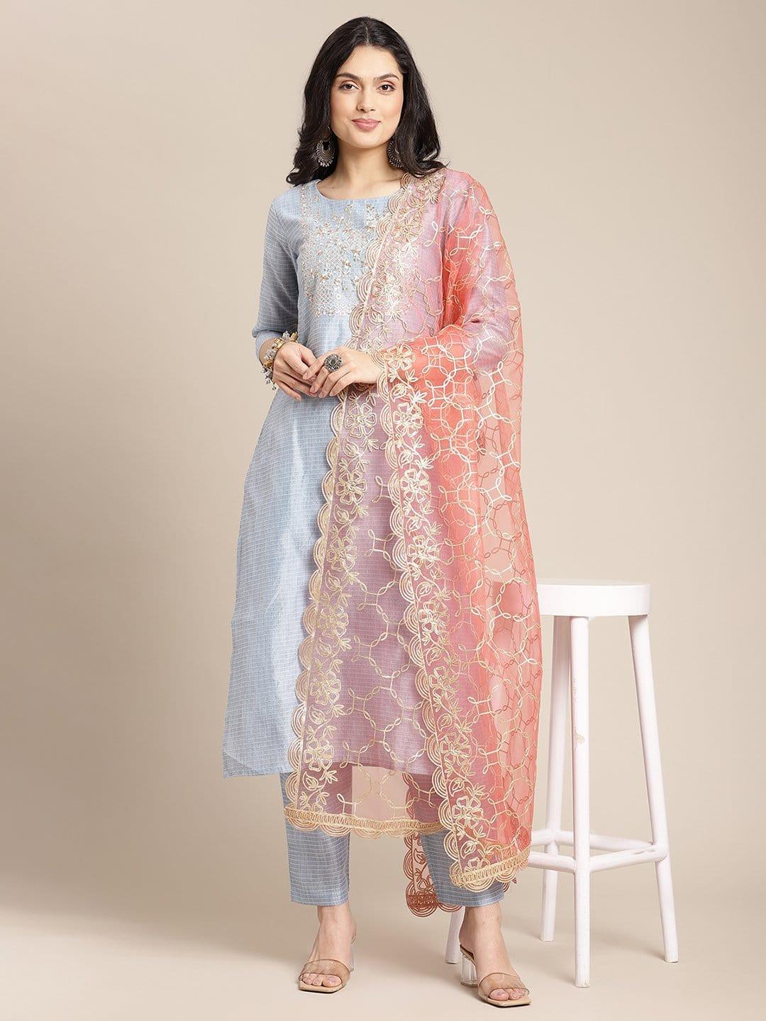 Powder Blue Zari Embroidery Kurta Trouser Set With Peach Heavy Gota Work Dupatta - Indiakreations