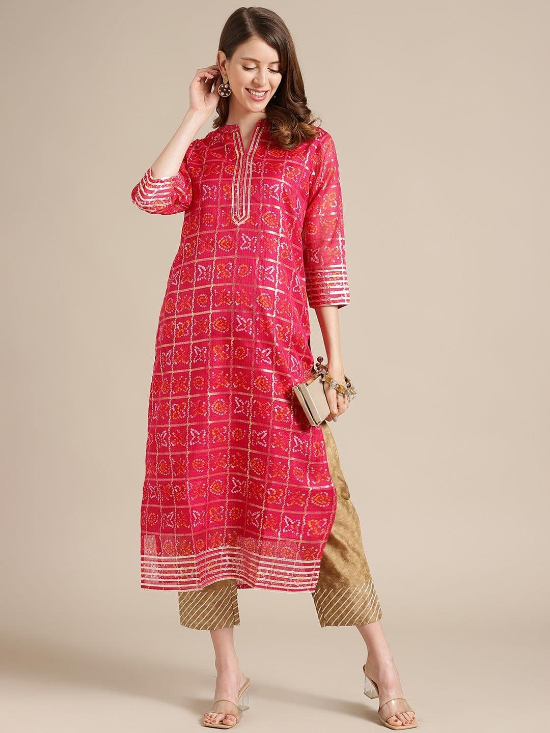 Pink And Gold Bandhej Kurta With Gota Embellishment On Yoke And Sleeves - Indiakreations