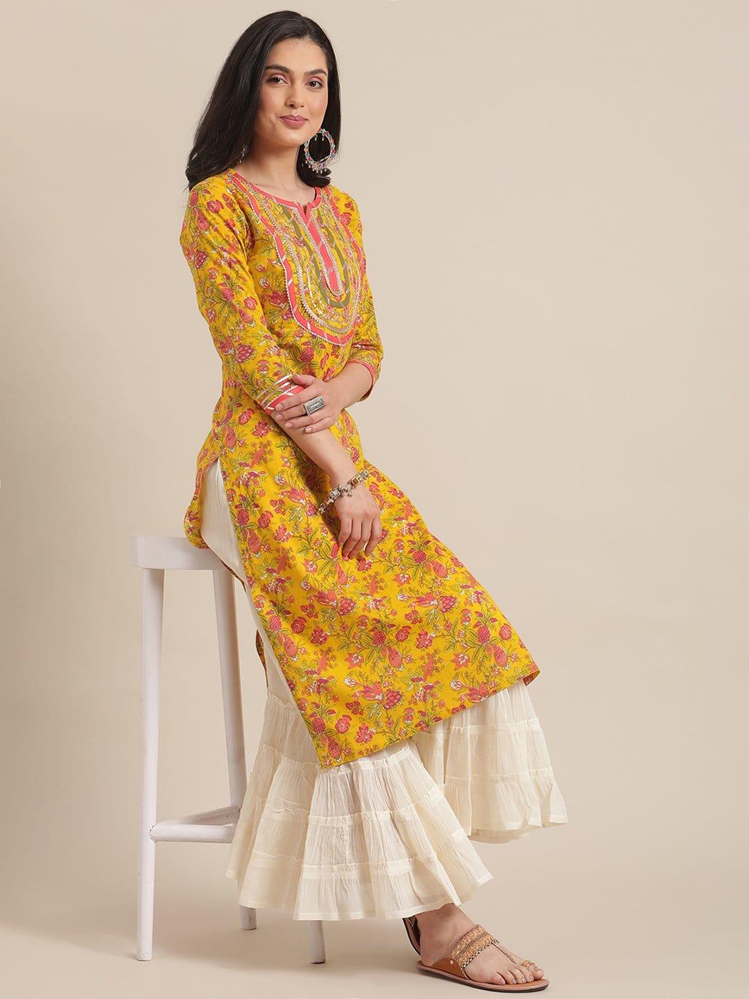 Yellow And Peach Straight Floral Printed Kurta With Round Neck And Having Gota Work On Yoke - Indiakreations