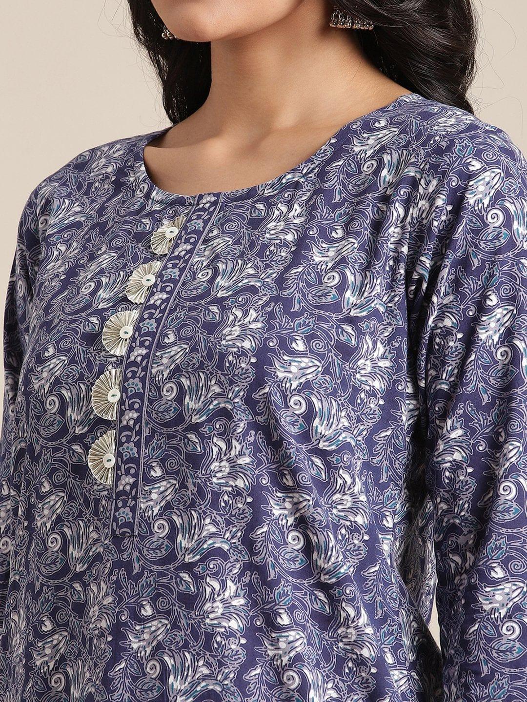 Floral Blue And White Printed Kurta With Gota Fan Work On Yoke And Gota Work On Sleeves - Indiakreations