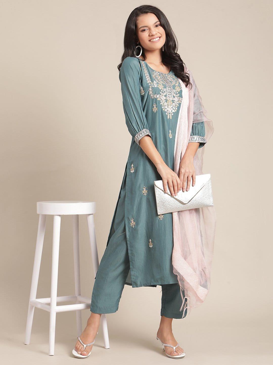 Teal Kurta With Yoke And Overall Buta Embroidery , Paired With Trouser And Pink Dupatta - Indiakreations