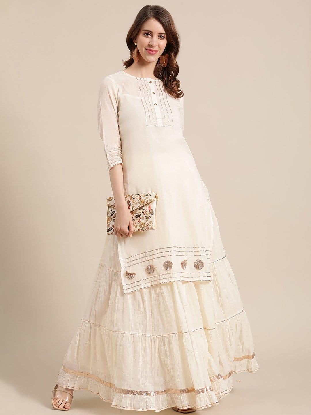 Off White Kora Gota Embellished Short Kurta With Off White Gota Skirt - Indiakreations