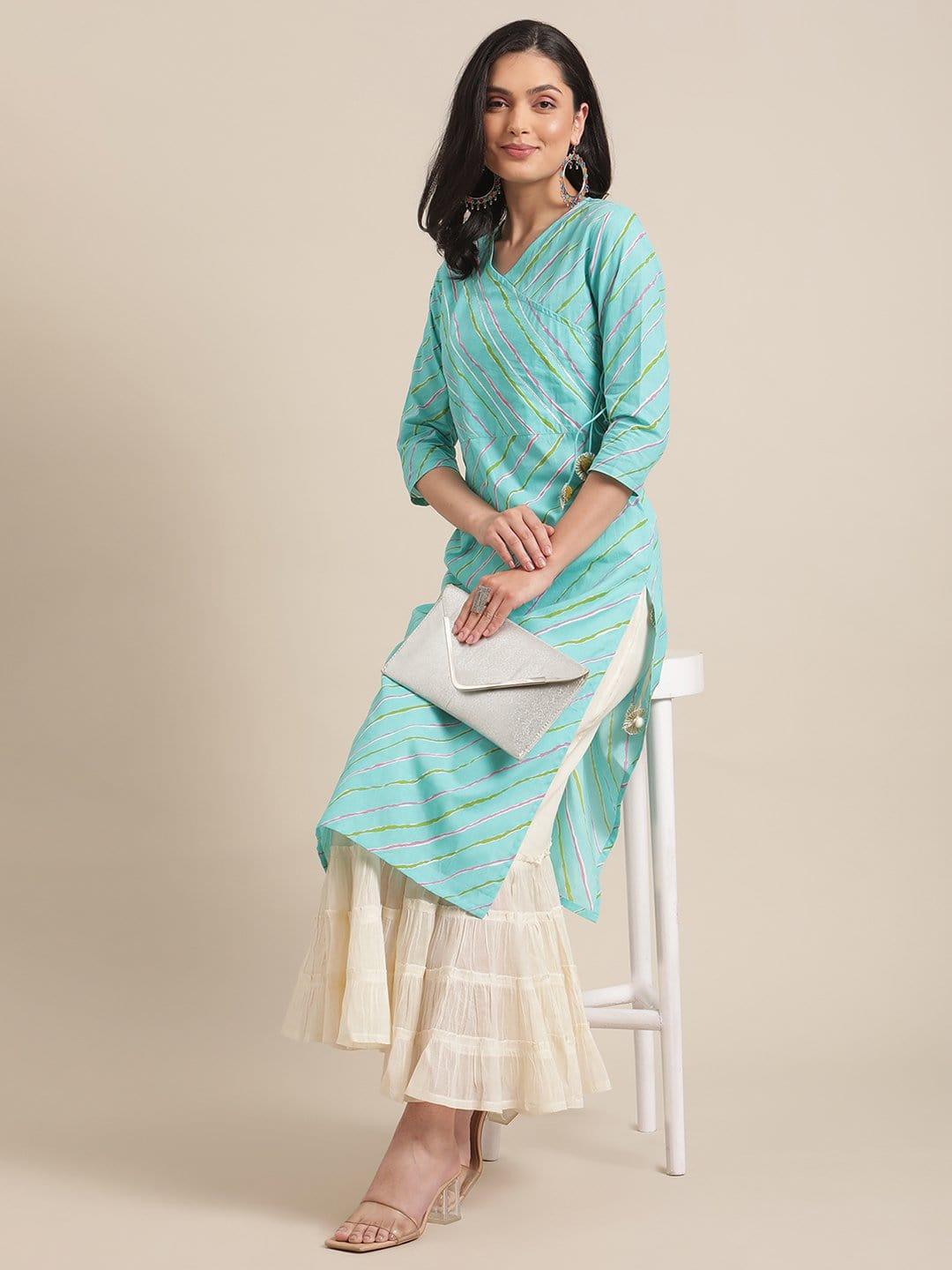 Turquoise And Pink Leheriya Printed Kurta With Gota Embellished Yoke - Indiakreations