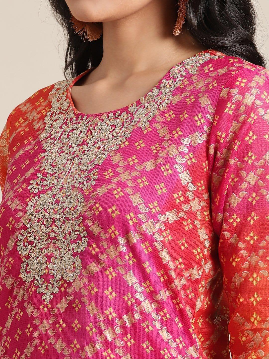 KSUT Pink Bandhej Foil Printed Kurta With Dori And Zari Embroidery On Yoke - Indiakreations