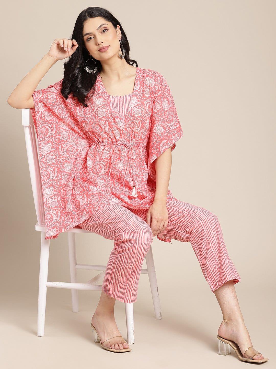 Peach Floral Printed Kaftaan With Straight Pants - Indiakreations