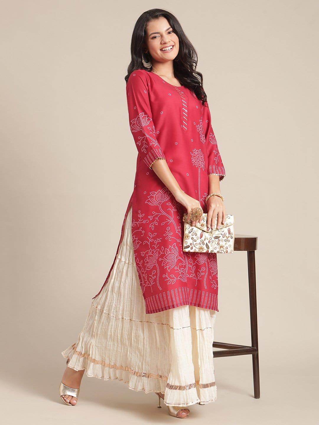 Silk Red Bandhani Printed Kurta With Gota Embellished Yoke And Sleeves - Indiakreations