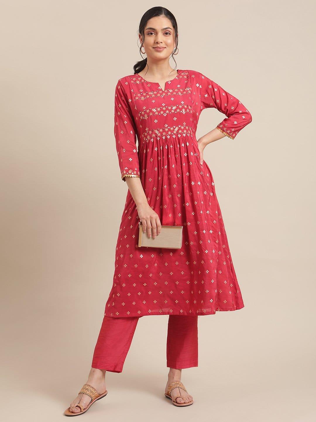 Red Jacquard Flared Kurta With Embroidered Yoke And Regular Sleeve, Kurta Paired With Straight Trouser - Indiakreations