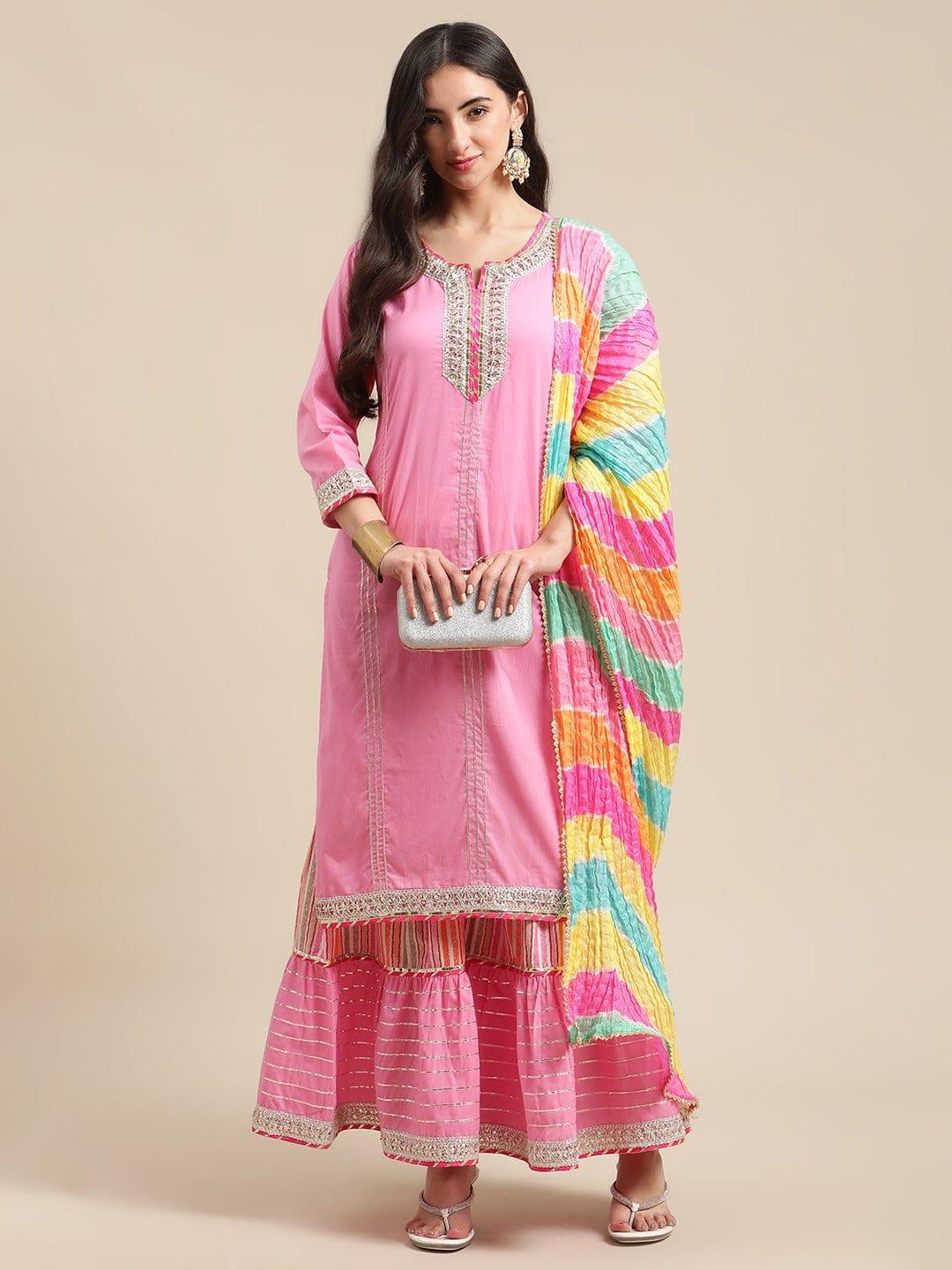 Pink Kurta Sharara Set With Leheriya Dupatta,Heavy Gota Lace Embellishment - Indiakreations