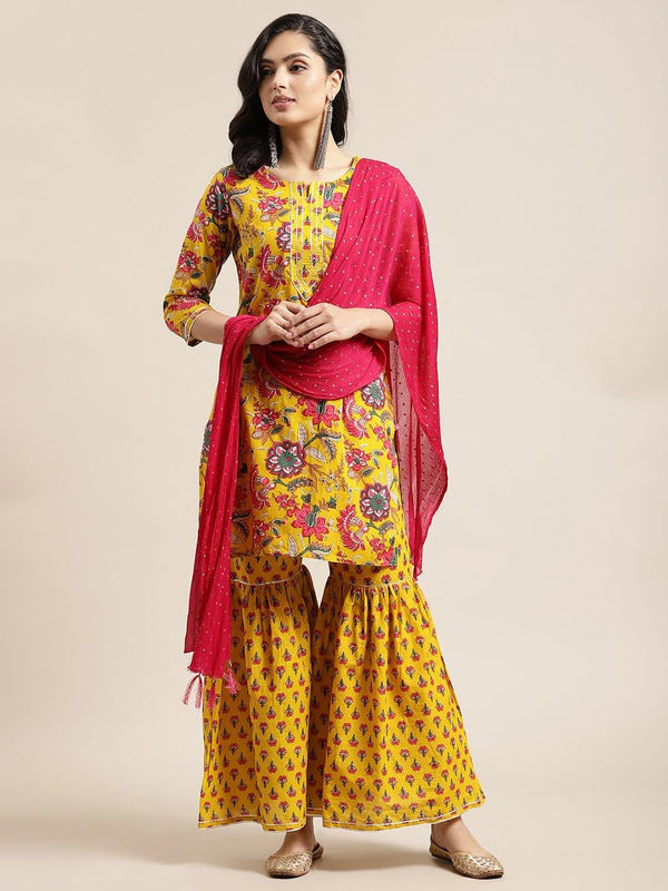 Yellow And Pink Floral Printed Round Neckline Kurta Having Gota Work On Yoke Nad Paired With Sharara And Contrast Pink Dupatta - Indiakreations