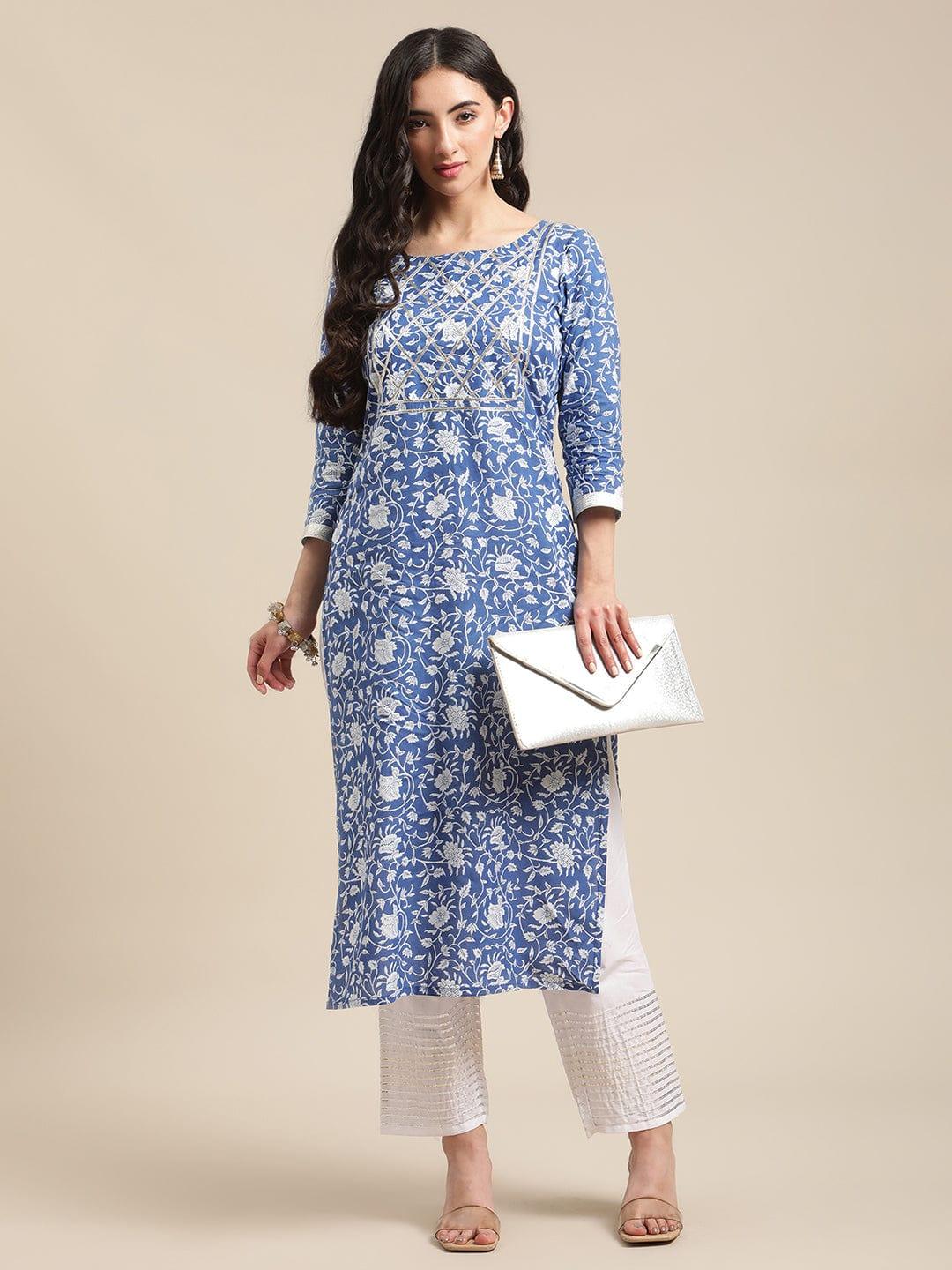 Blue and White Floral Gota Embellished Kurta with white gota work Trouser - Indiakreations