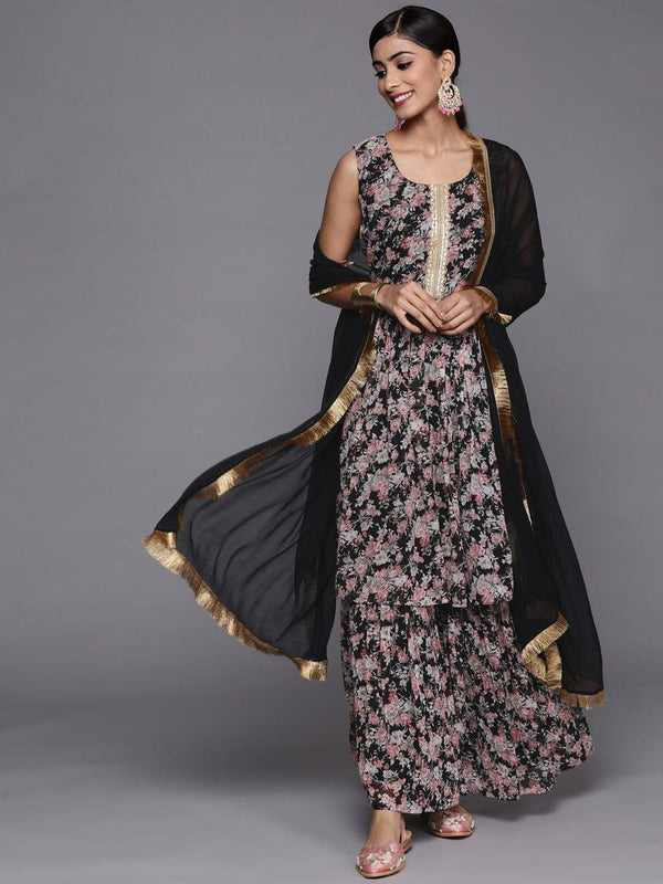 Varanga Women Black Floral Printed Empire Kurta with Sharara & With Dupatta - Indiakreations