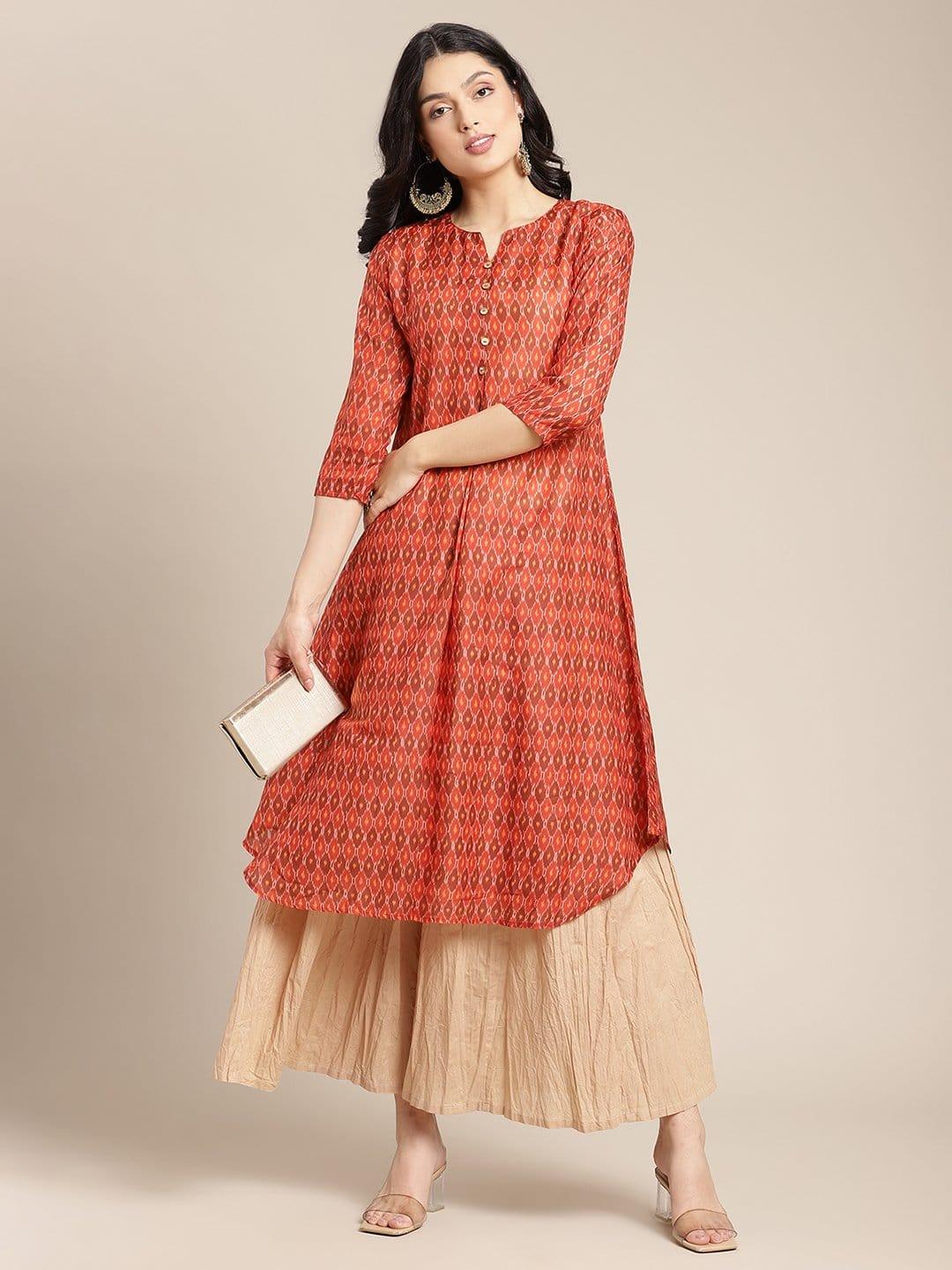 Rust Colored Round Neck Ikat Printed A-Line Kurta With3/4Th Sleeves - Indiakreations