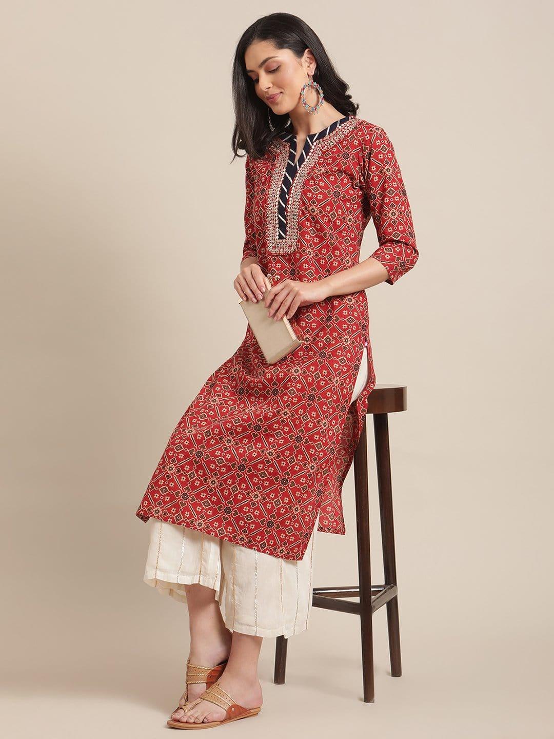 Maroon And Beige Abstract Printed Kurta With Gota Embellished Yoke And 3/4Th Sleeves - Indiakreations