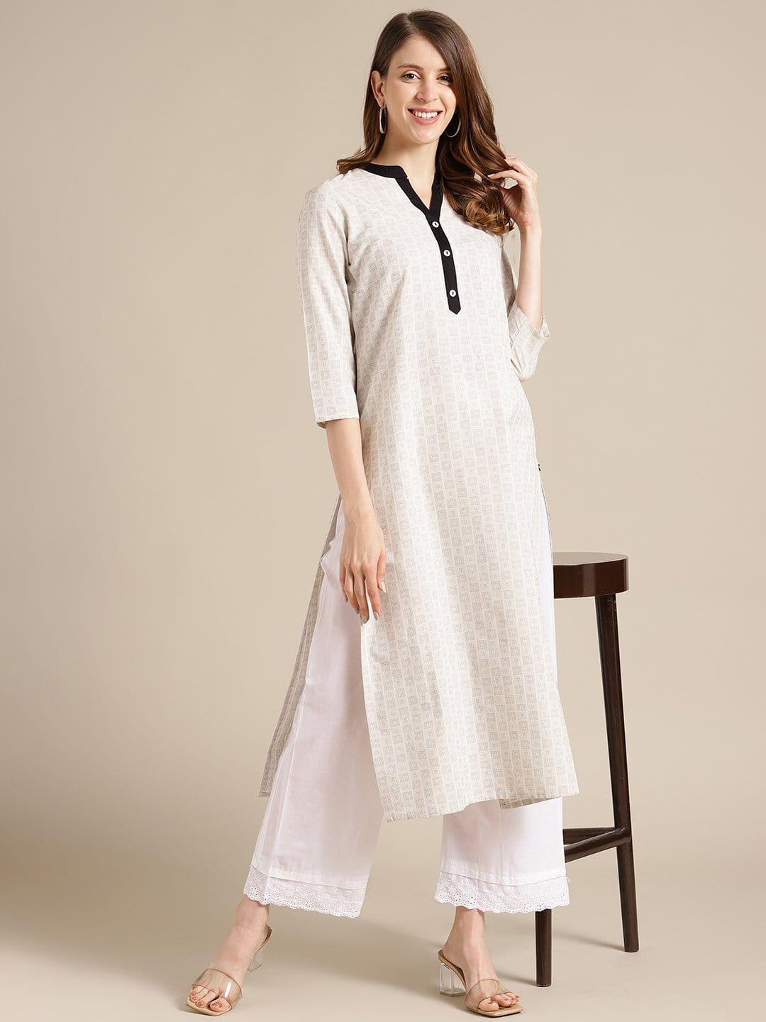 KSUT Off White And Black Woven Kurta With 3/4Th Sleeves - Indiakreations