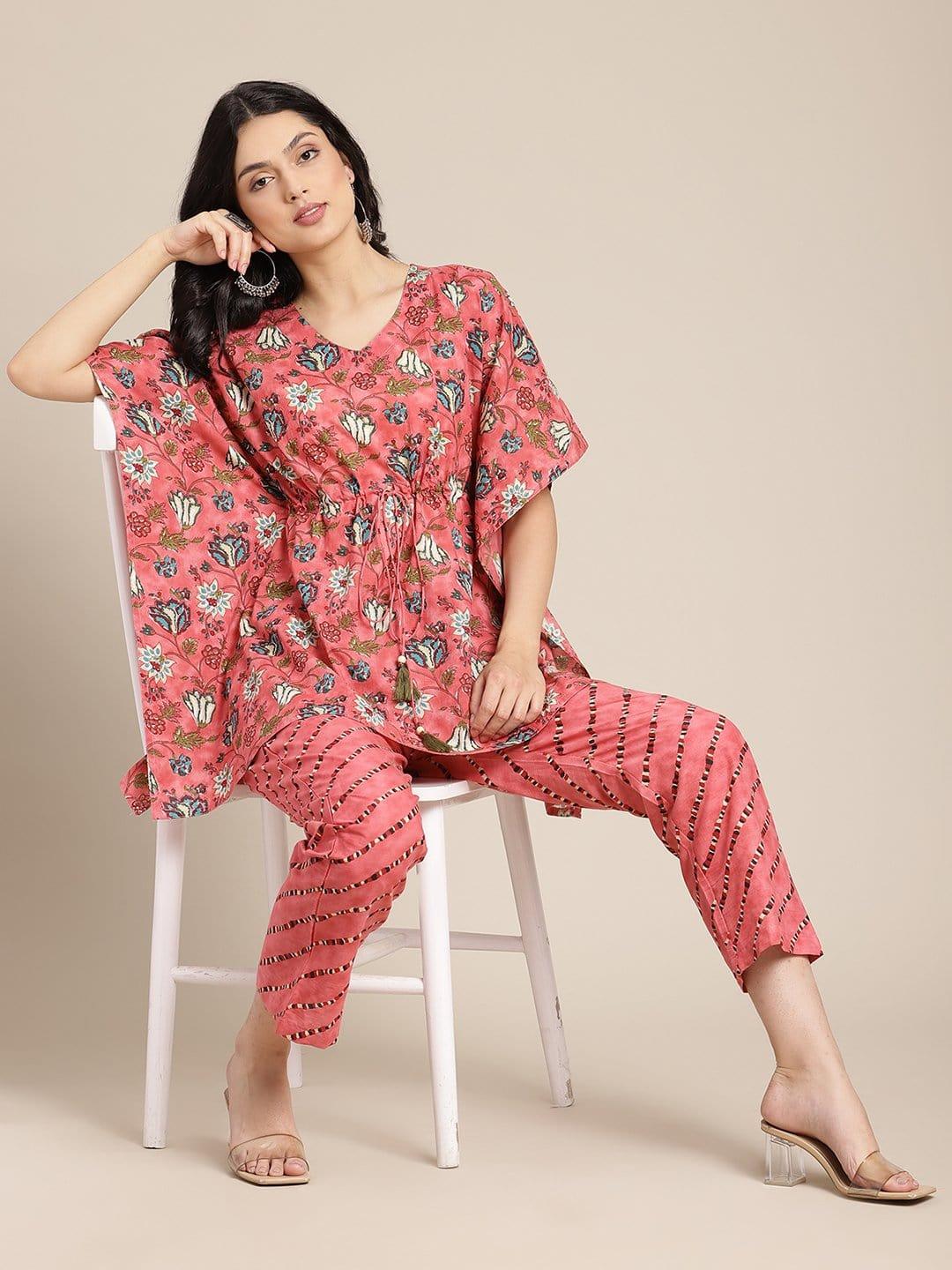 Peach And Blue Floral Printed Kaftan With Straight Pants - Indiakreations