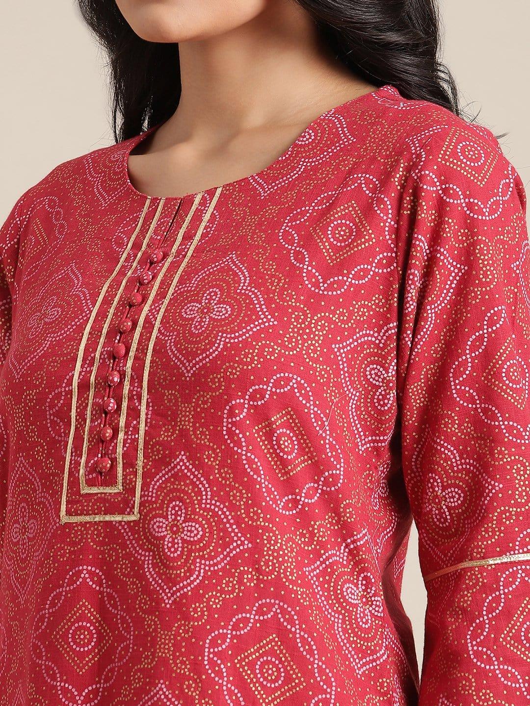 KSUT Red Bandhani Printed Kurta With Gota Work Embellishment On Yoke And Sleeves - Indiakreations