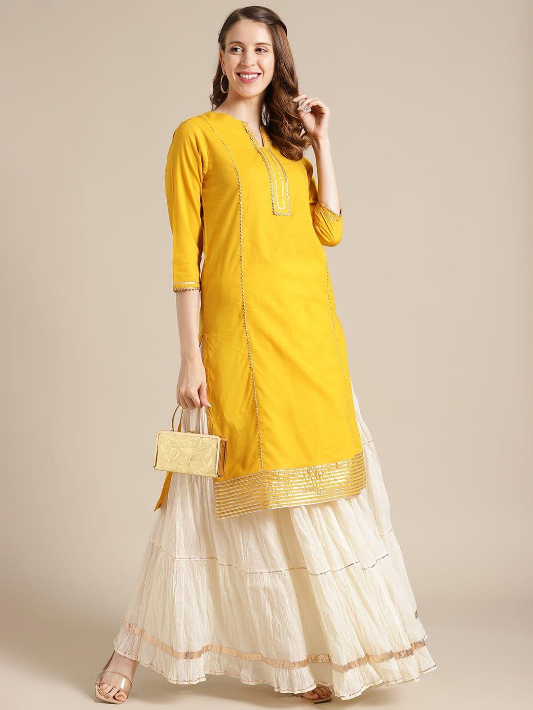 Mustard-Gota-Work-Kurta-With-Mulmul-Gota-Embellished-Tiered-Skirt - Indiakreations