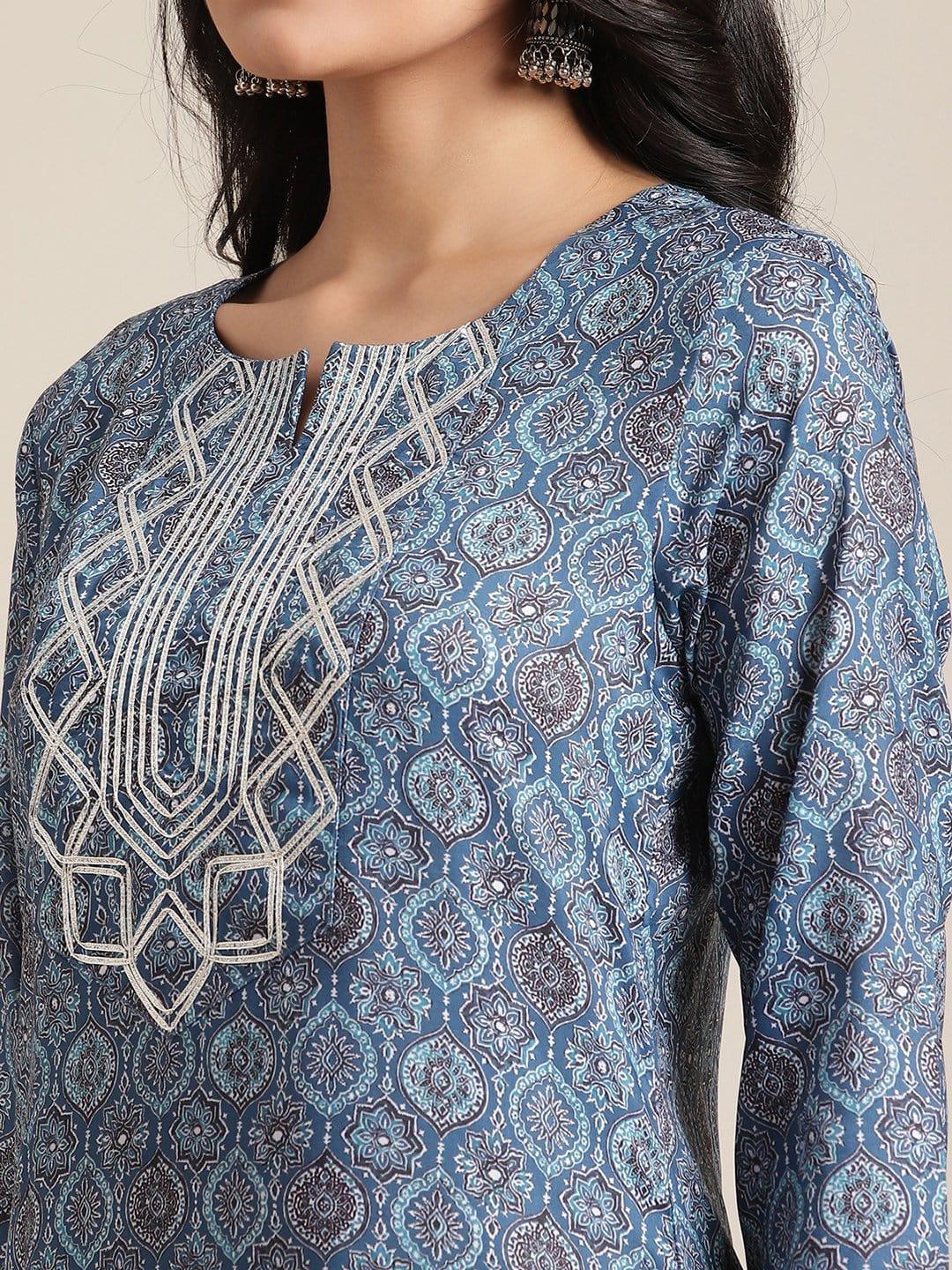 Blue Printed Kurta With Gota Embellishment On Yoke And 3/4Th Sleeves - Indiakreations