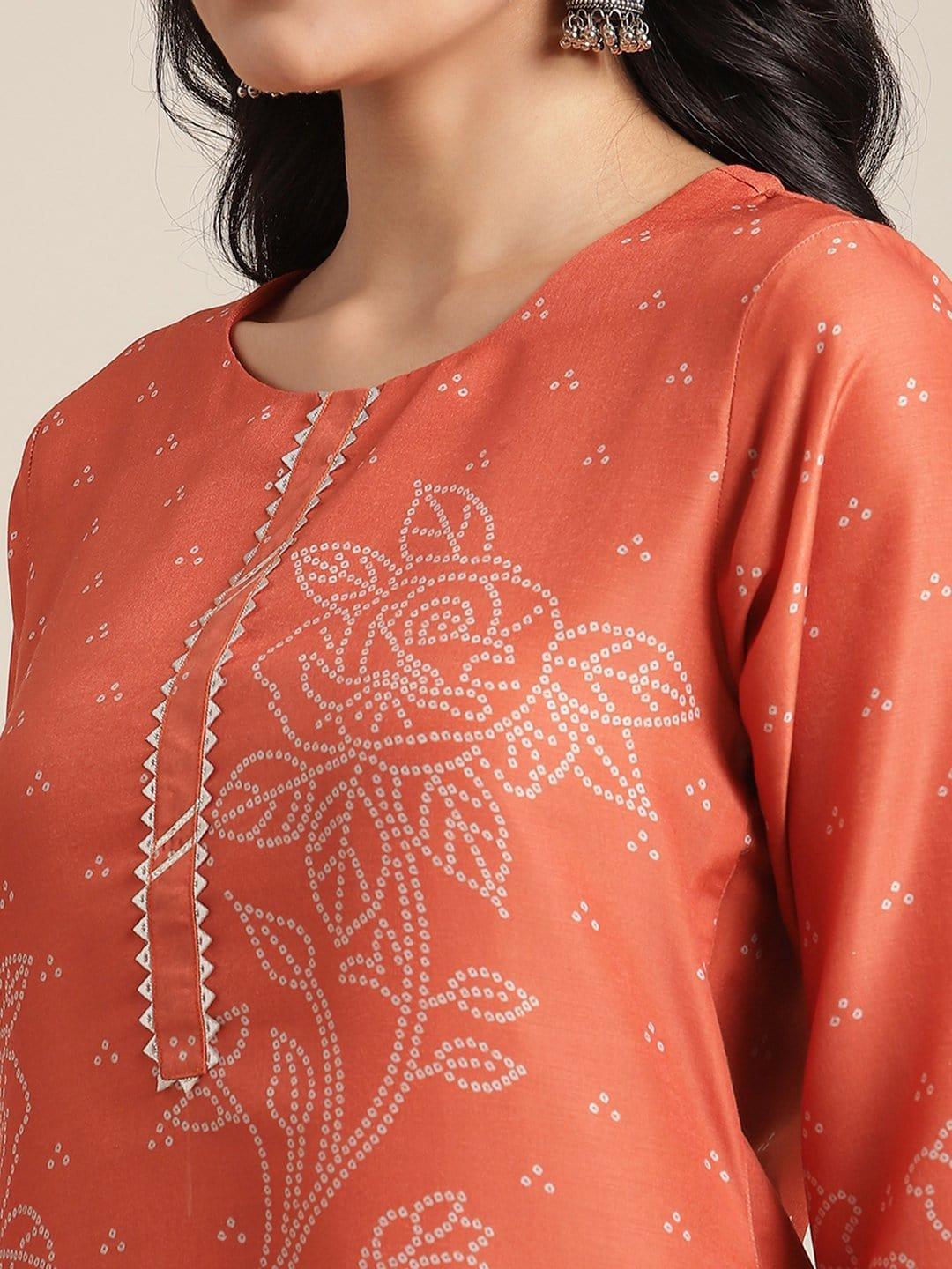 Orange And Off White Bandhani Print Kurta With Gota Embellishment On Yoke And Sleeves - Indiakreations