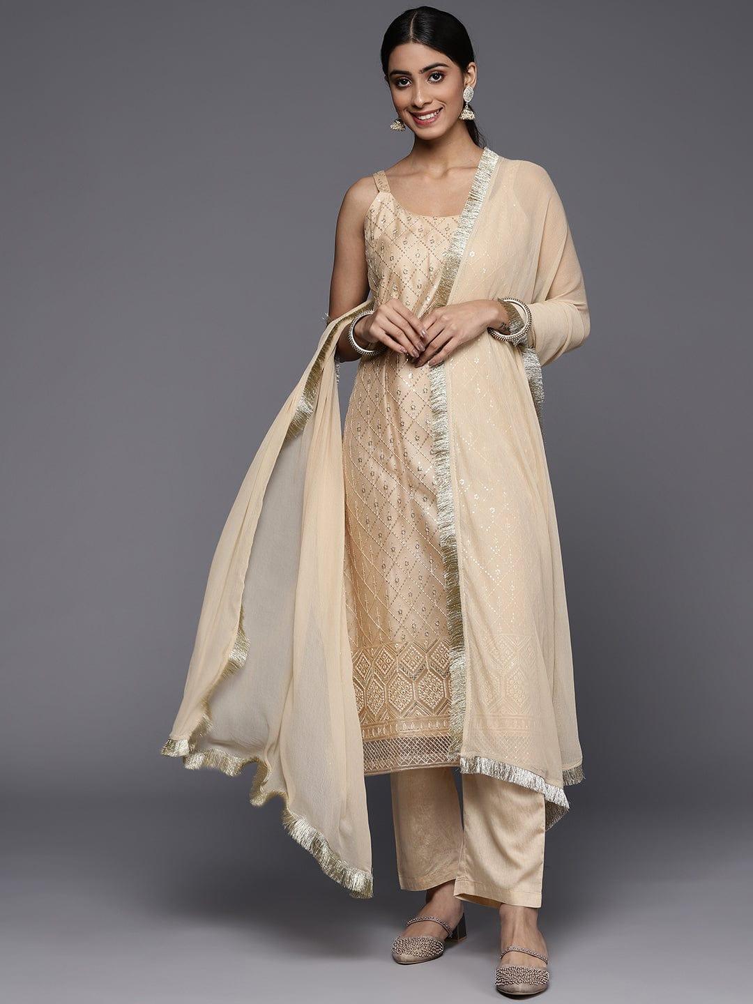 Varanga Women Beige Sequinned Kurta with Trousers & With Dupatta - Indiakreations