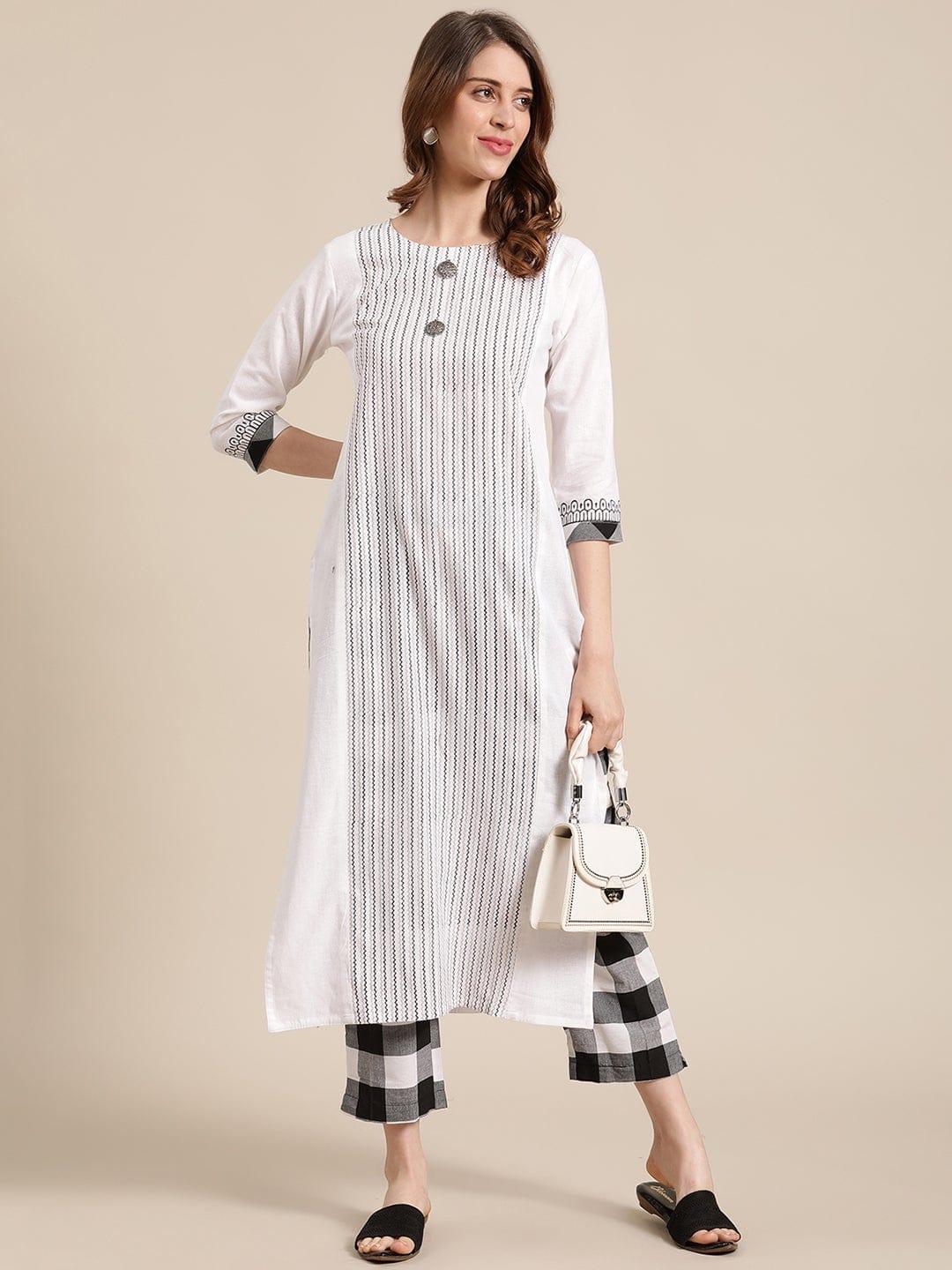 KSUT Off White & Black Striped Panelled Straight Kurta with Trousers - Indiakreations