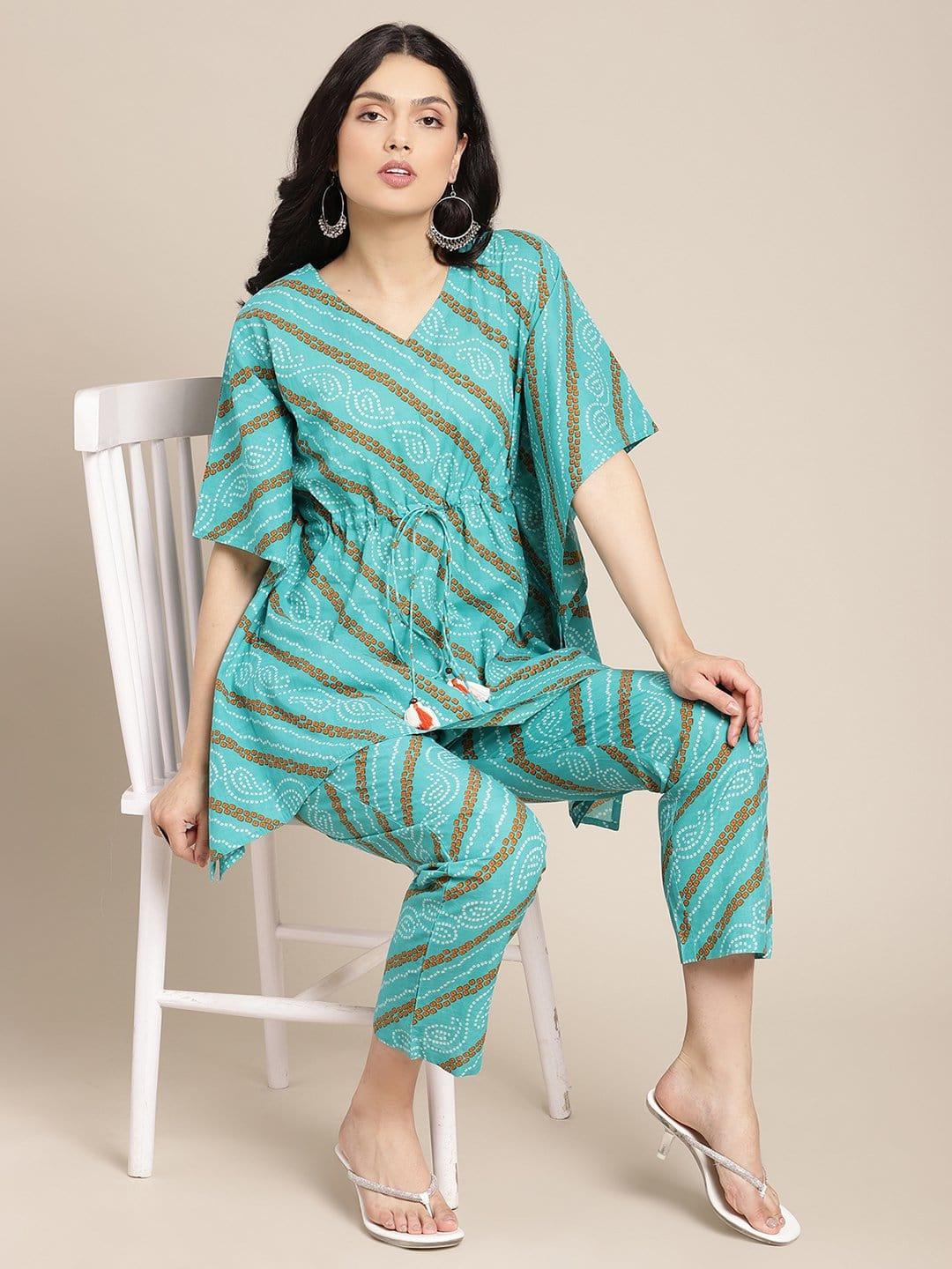 Turquoise Bandhani Printed Kaftaan With Straight Pants - Indiakreations