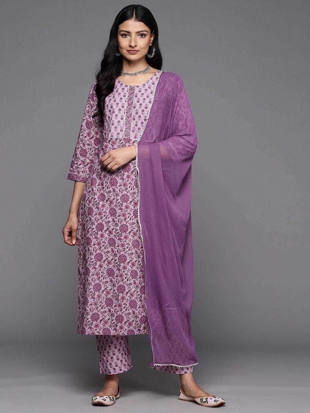 Varanga Floral Printed Gotta Patti Pure Cotton Kurta With Trousers & With Dupatta - Indiakreations