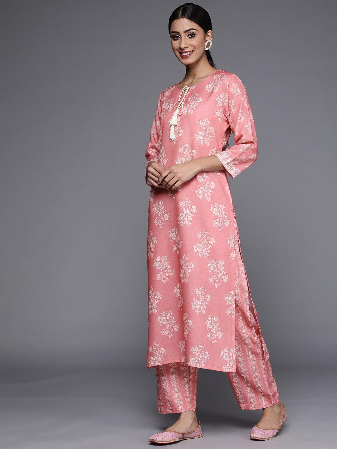 Varanga Women Pink & Off-White Floral Printed Kurta with Trousers - Indiakreations