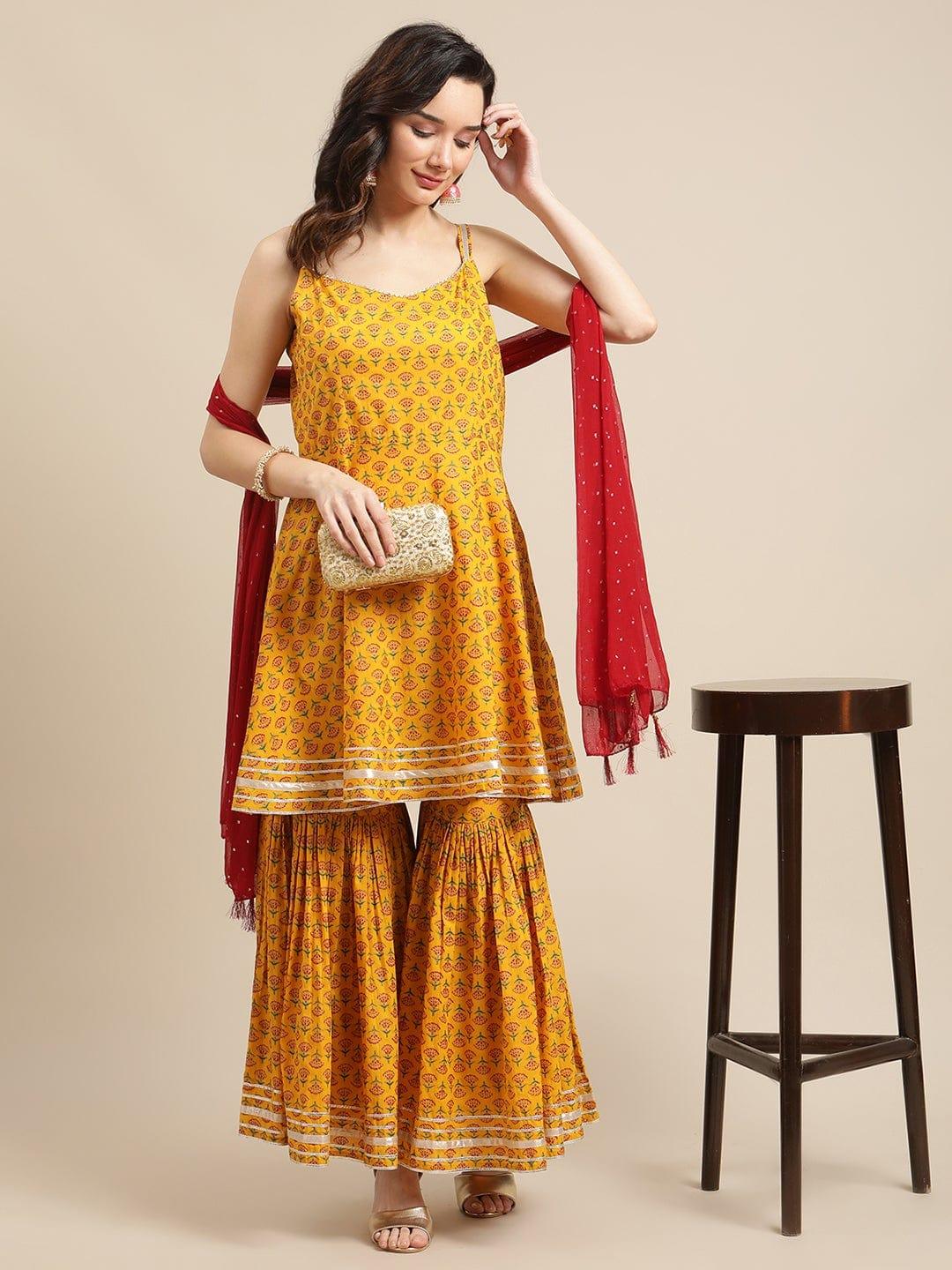 Mustard And Maroon Floral Printed Flared Strap Kurta With Sharara And Dupatta - Indiakreations