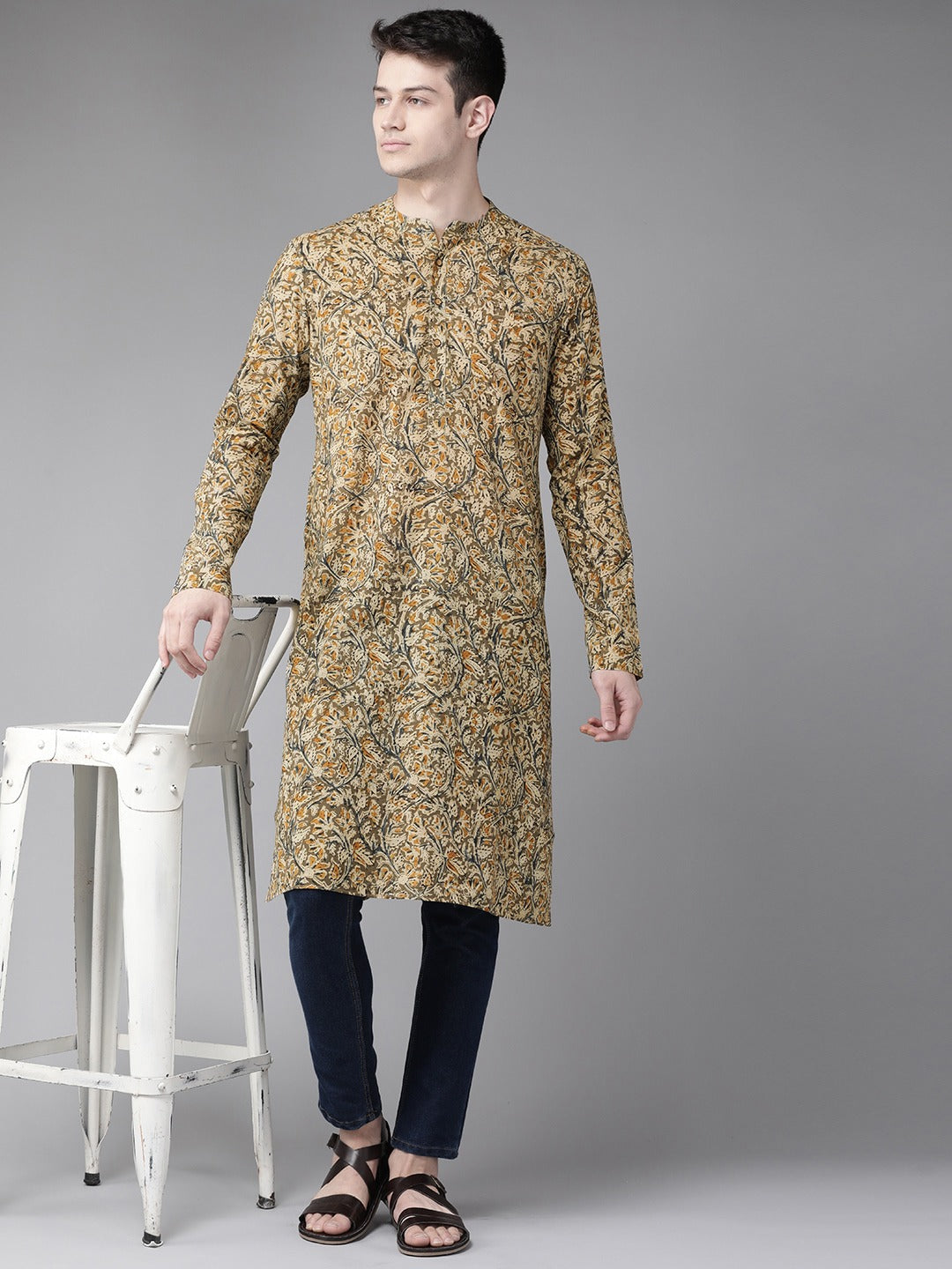 Men's Beige  And Gold Kalamkari Block Printed Straight Sustainable Kurta - See Designs