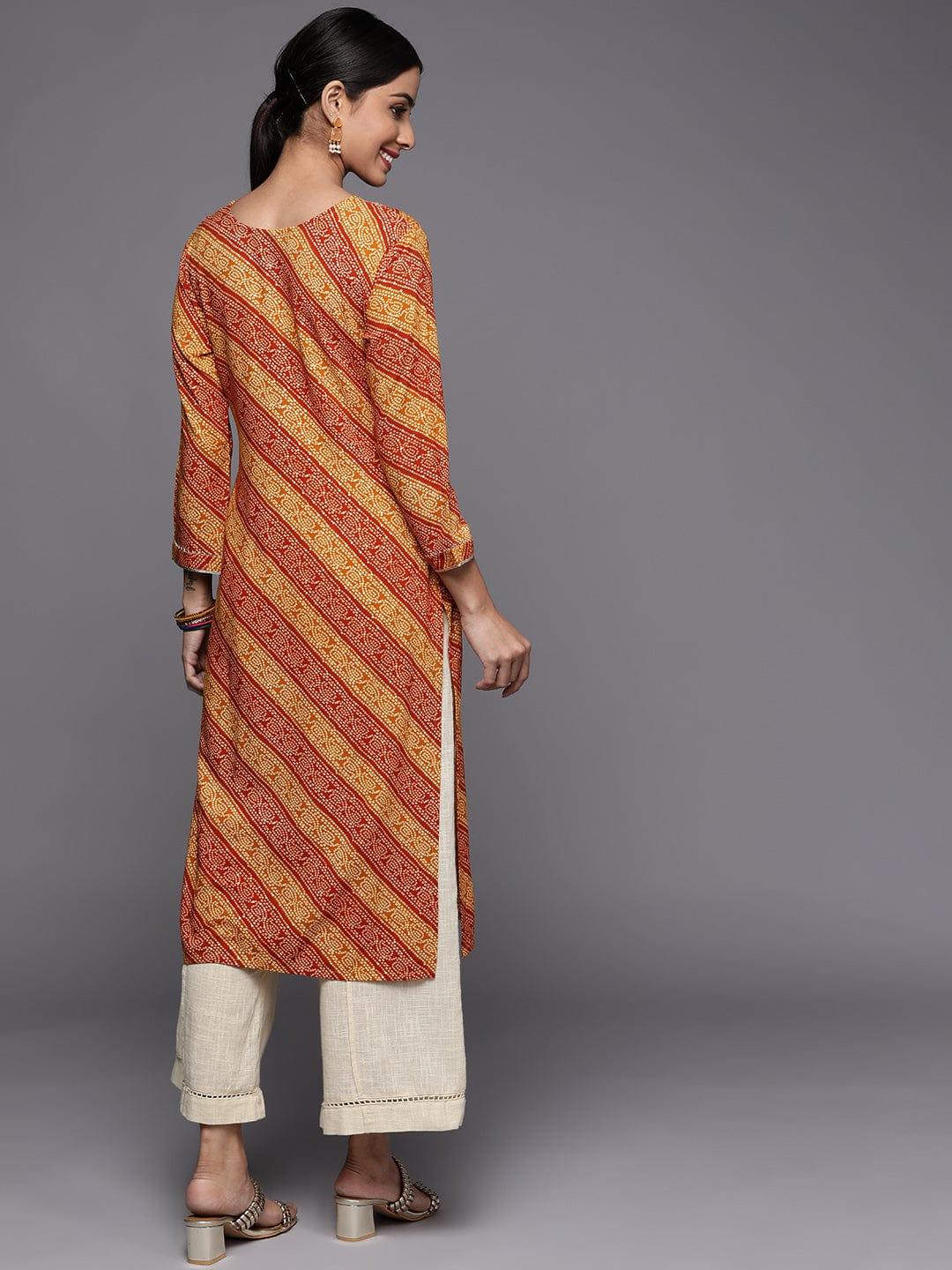 Varanga Women Mustard Yellow & Rust Bandhani Embroidered Gotta Patti Indie Prints Kurta - Indiakreations