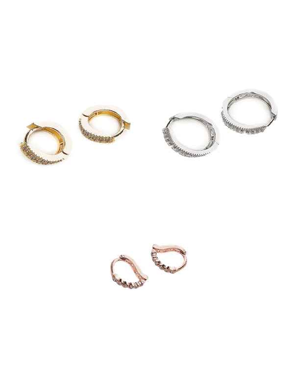 Women's Rose Gold plated AD-Studded Handcrafted Oval Hoop Earrings & Silver Plated Drop & Studs Earrings - Jazz and Sizzle