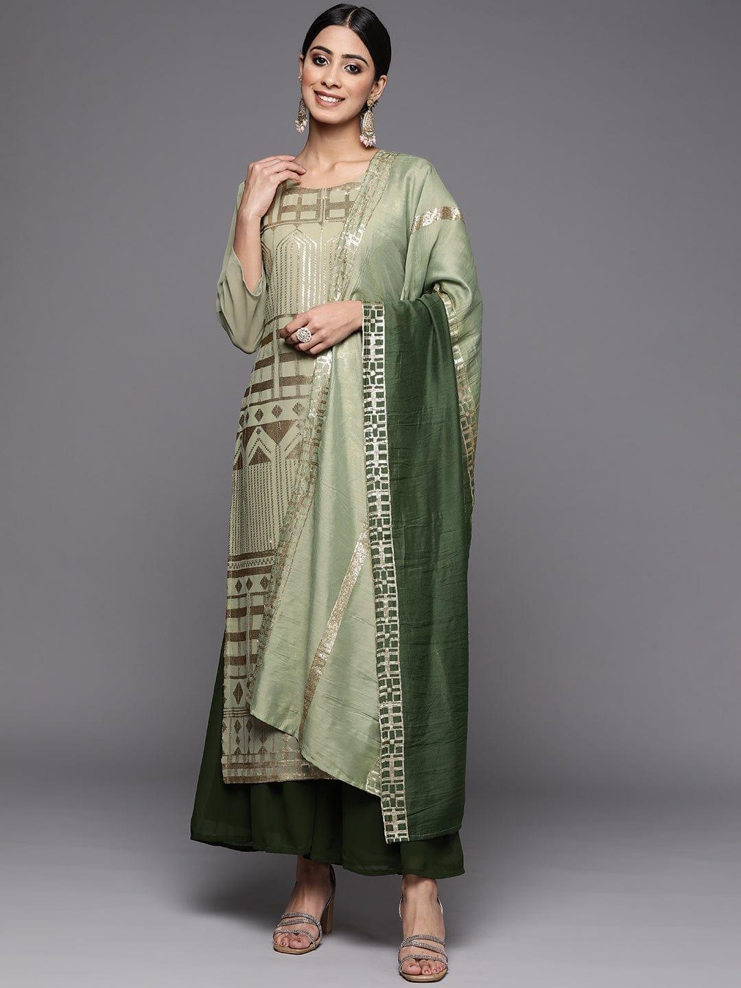 Varanga Women Green Embroidered Sequinned Kurta with Trousers & With Dupatta - Indiakreations