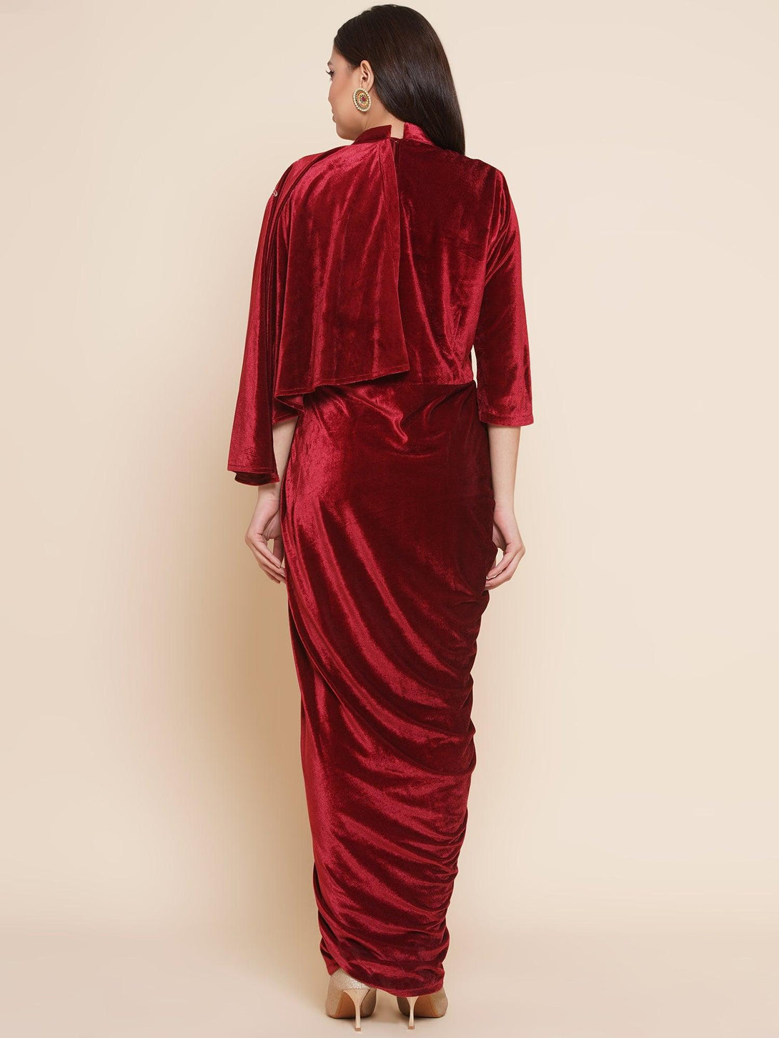 Women's Maroon Velvet Drape Styel Gown - Women Republic - Indiakreations