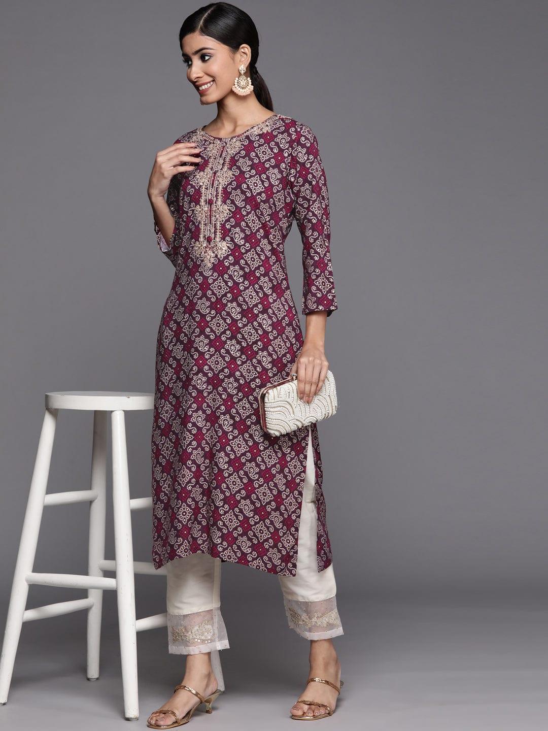 Varanga Women Burgundy & Golden Bandhani Printed Mirror Work Kurta - Indiakreations