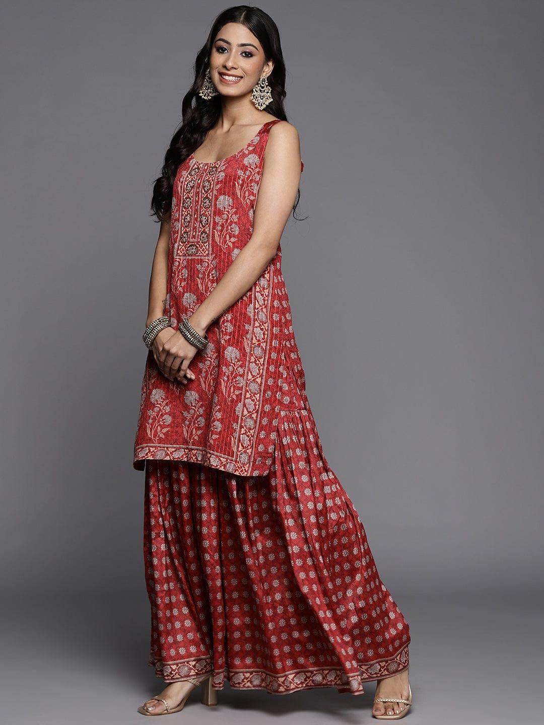 Varanga Women Red Ethnic Motifs Printed Sequinned Kurta with Sharara & Dupatta - Indiakreations