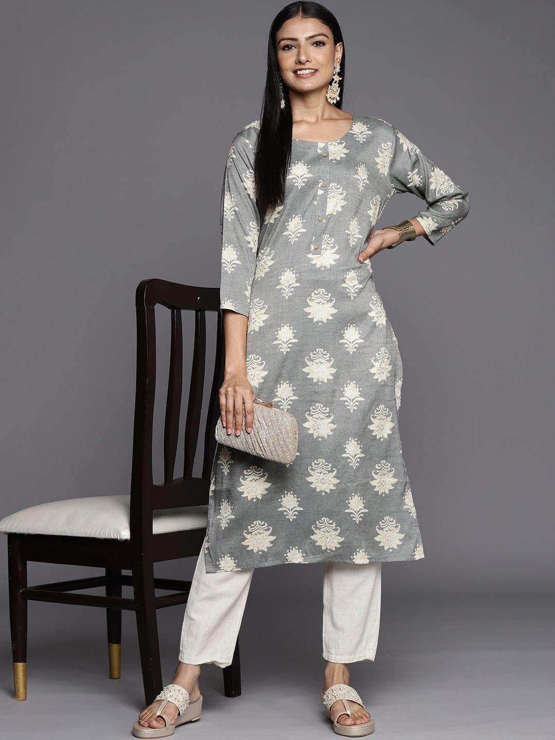 Varanga Women Grey & Cream-Coloured Ethnic Motifs Printed Kurta - Indiakreations